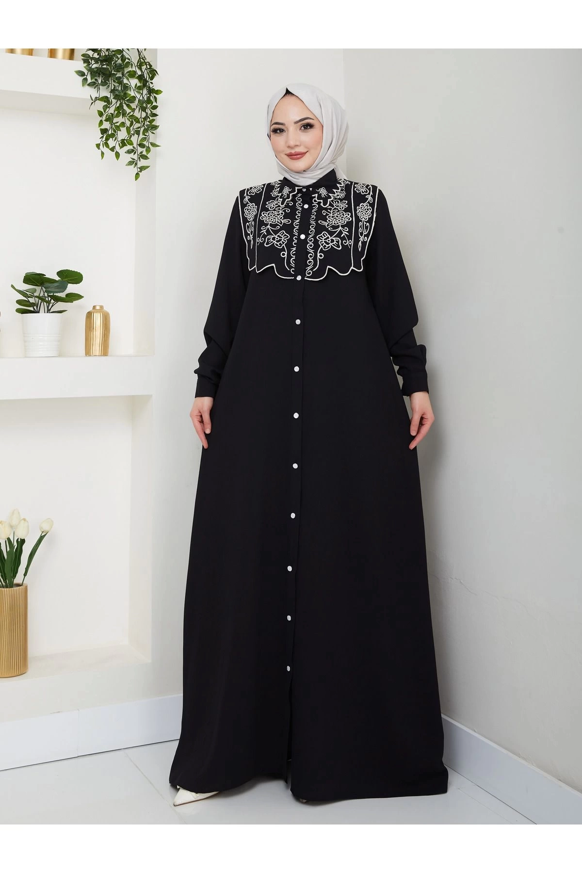 NAKIŞLI ABAYA TESETTÜR GIYIM KADIN FERACE ELBİSE 814 SİYAH