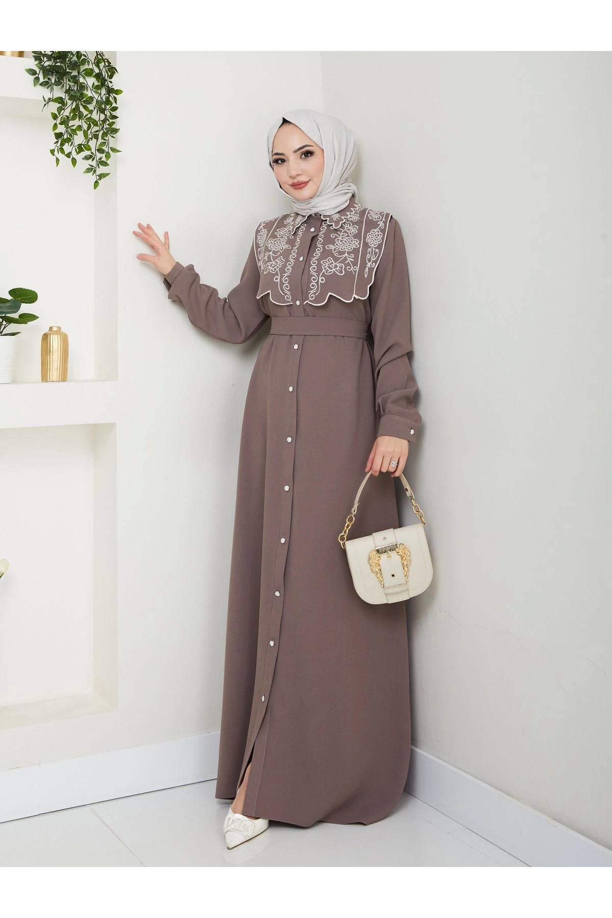 NAKIŞLI ABAYA TESETTÜR GIYIM KADIN FERACE ELBİSE 814 VİZON