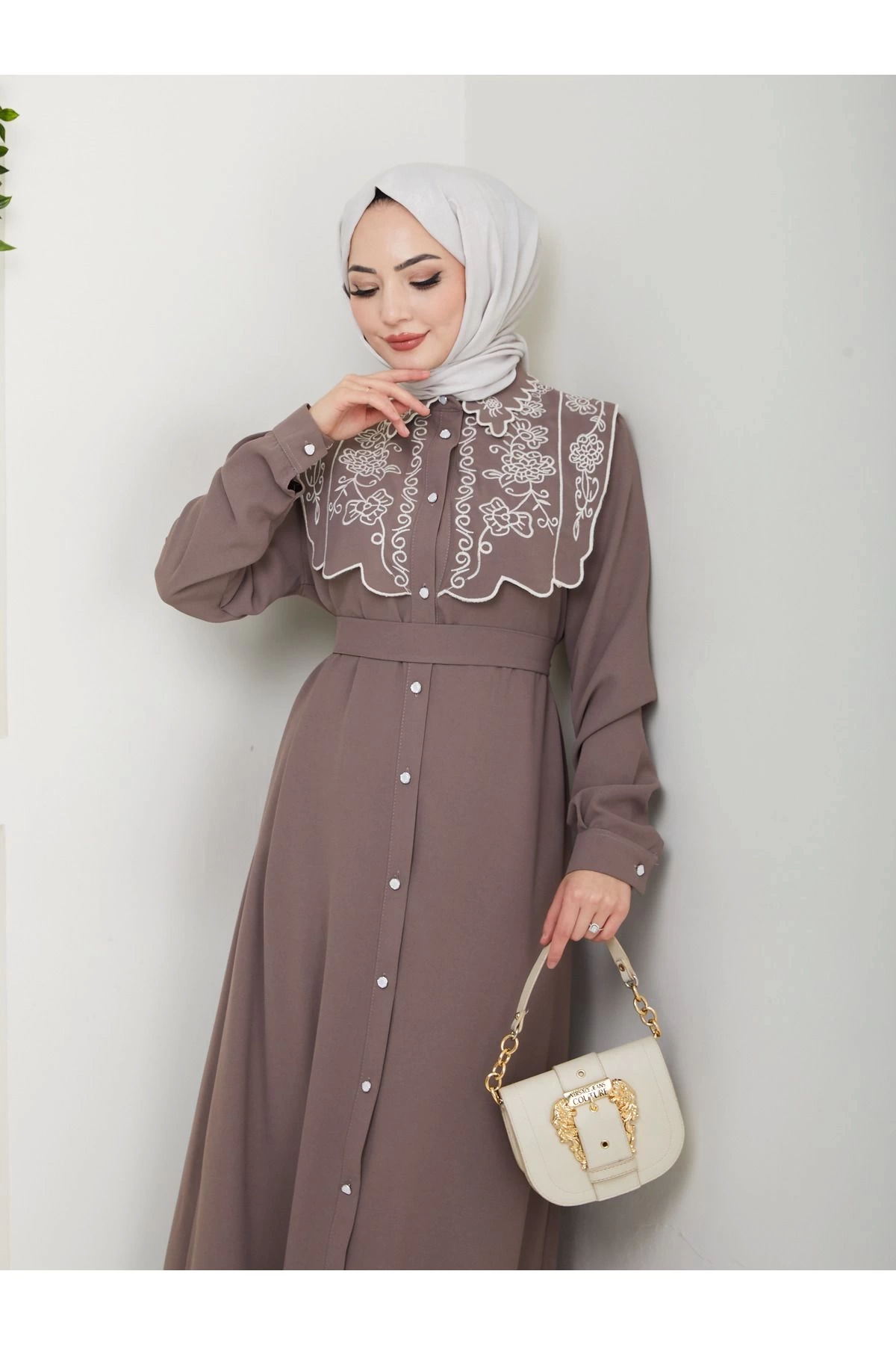 NAKIŞLI ABAYA TESETTÜR GIYIM KADIN FERACE ELBİSE 814 VİZON
