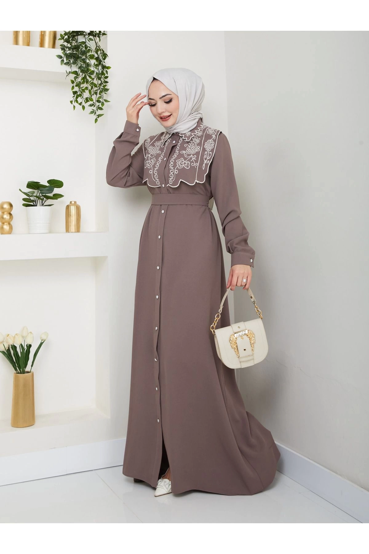 NAKIŞLI ABAYA TESETTÜR GIYIM KADIN FERACE ELBİSE 814 VİZON