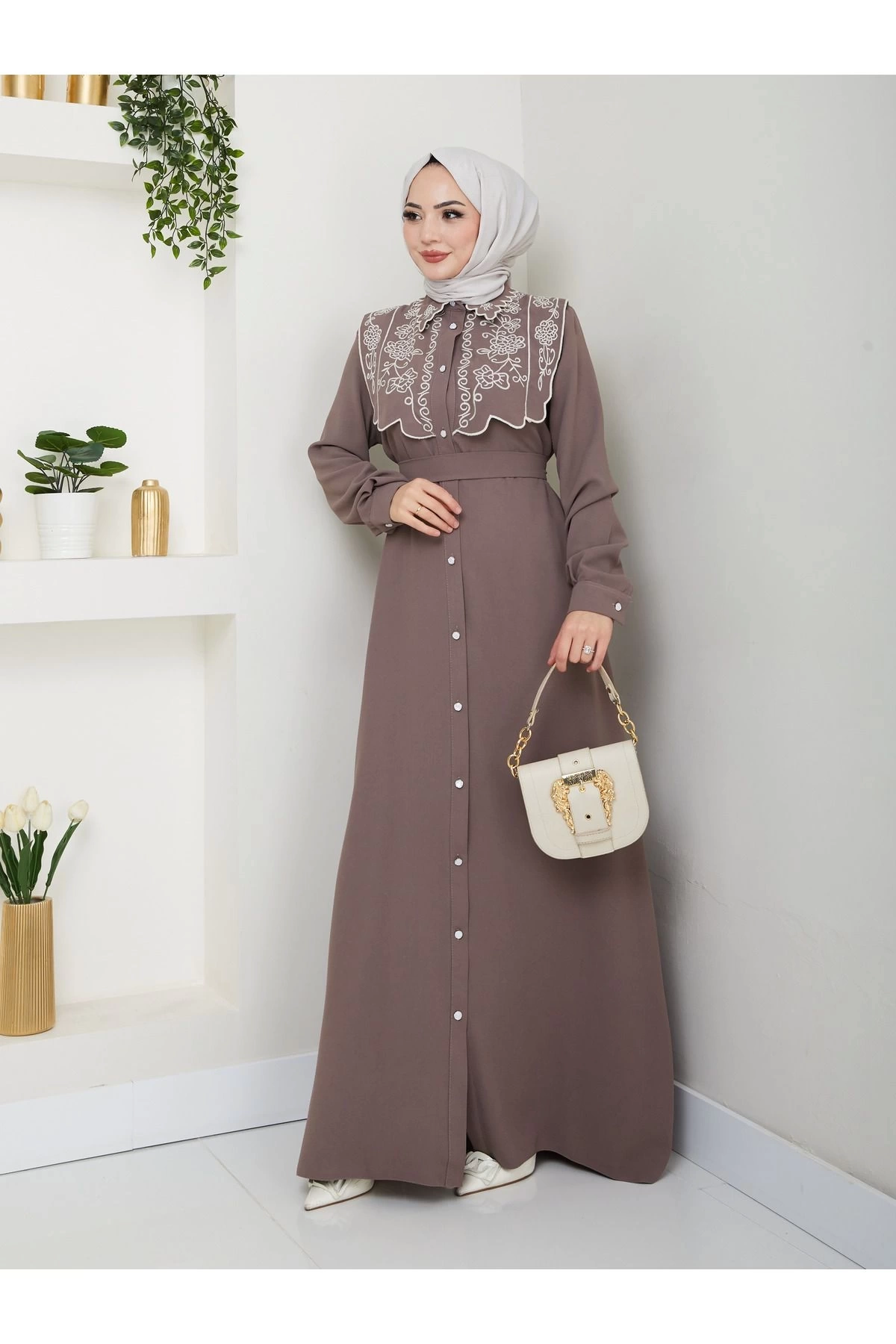 NAKIŞLI ABAYA TESETTÜR GIYIM KADIN FERACE ELBİSE 814 VİZON