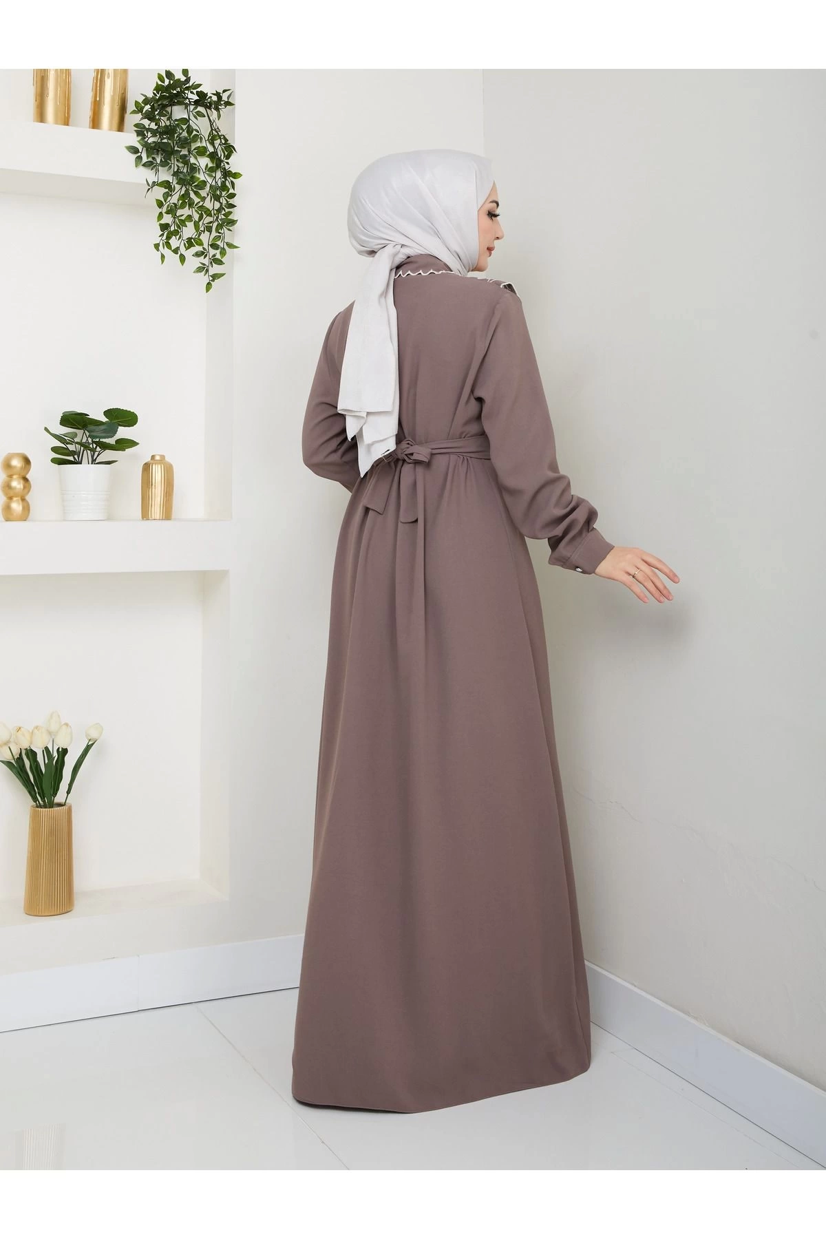 NAKIŞLI ABAYA TESETTÜR GIYIM KADIN FERACE ELBİSE 814 VİZON