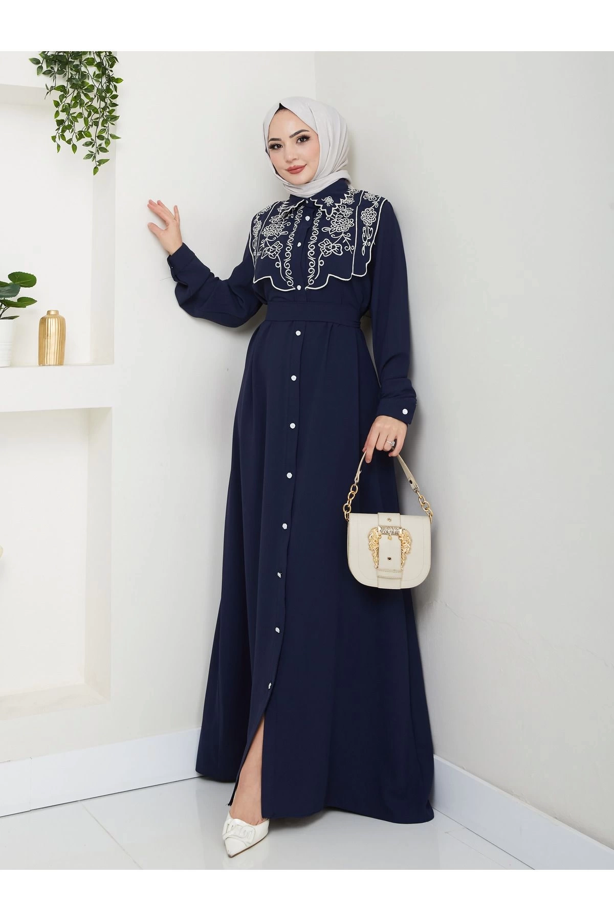NAKIŞLI ABAYA TESETTÜR GIYIM KADIN FERACE ELBİSE 814 LACİVERT