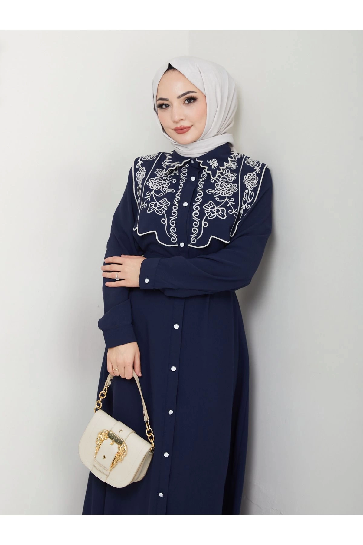 NAKIŞLI ABAYA TESETTÜR GIYIM KADIN FERACE ELBİSE 814 LACİVERT