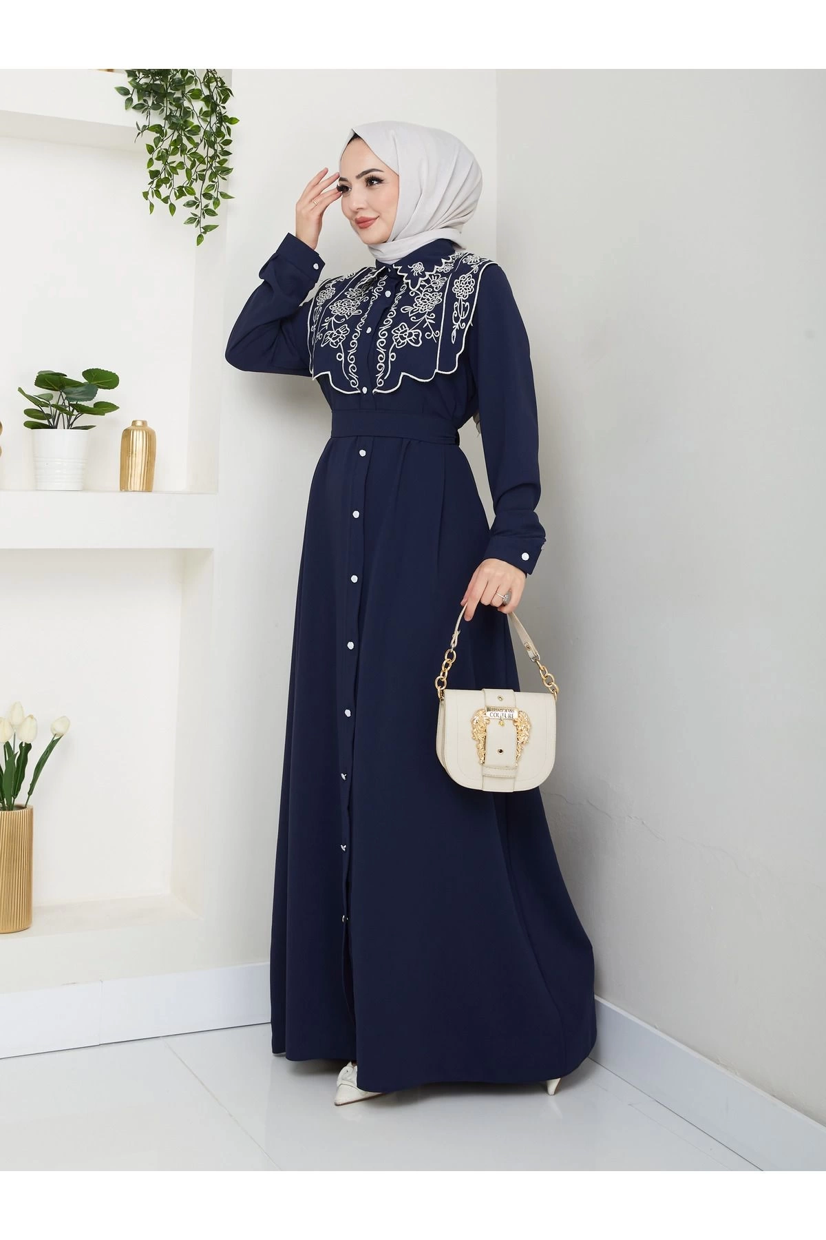 NAKIŞLI ABAYA TESETTÜR GIYIM KADIN FERACE ELBİSE 814 LACİVERT