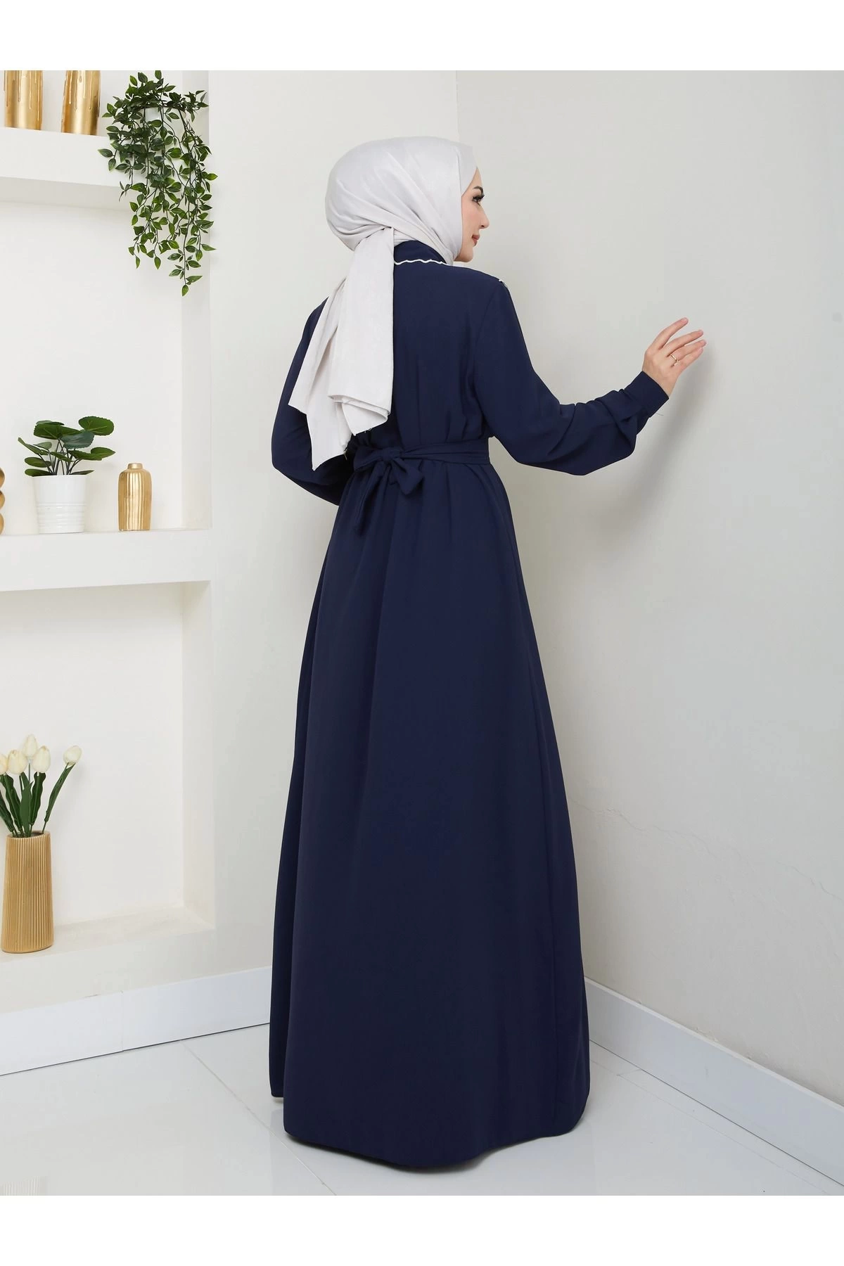 NAKIŞLI ABAYA TESETTÜR GIYIM KADIN FERACE ELBİSE 814 LACİVERT