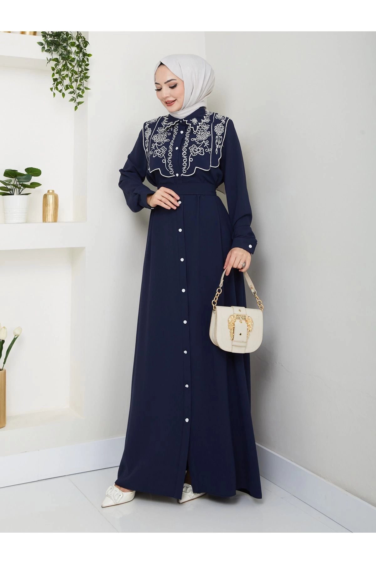 NAKIŞLI ABAYA TESETTÜR GIYIM KADIN FERACE ELBİSE 814 LACİVERT