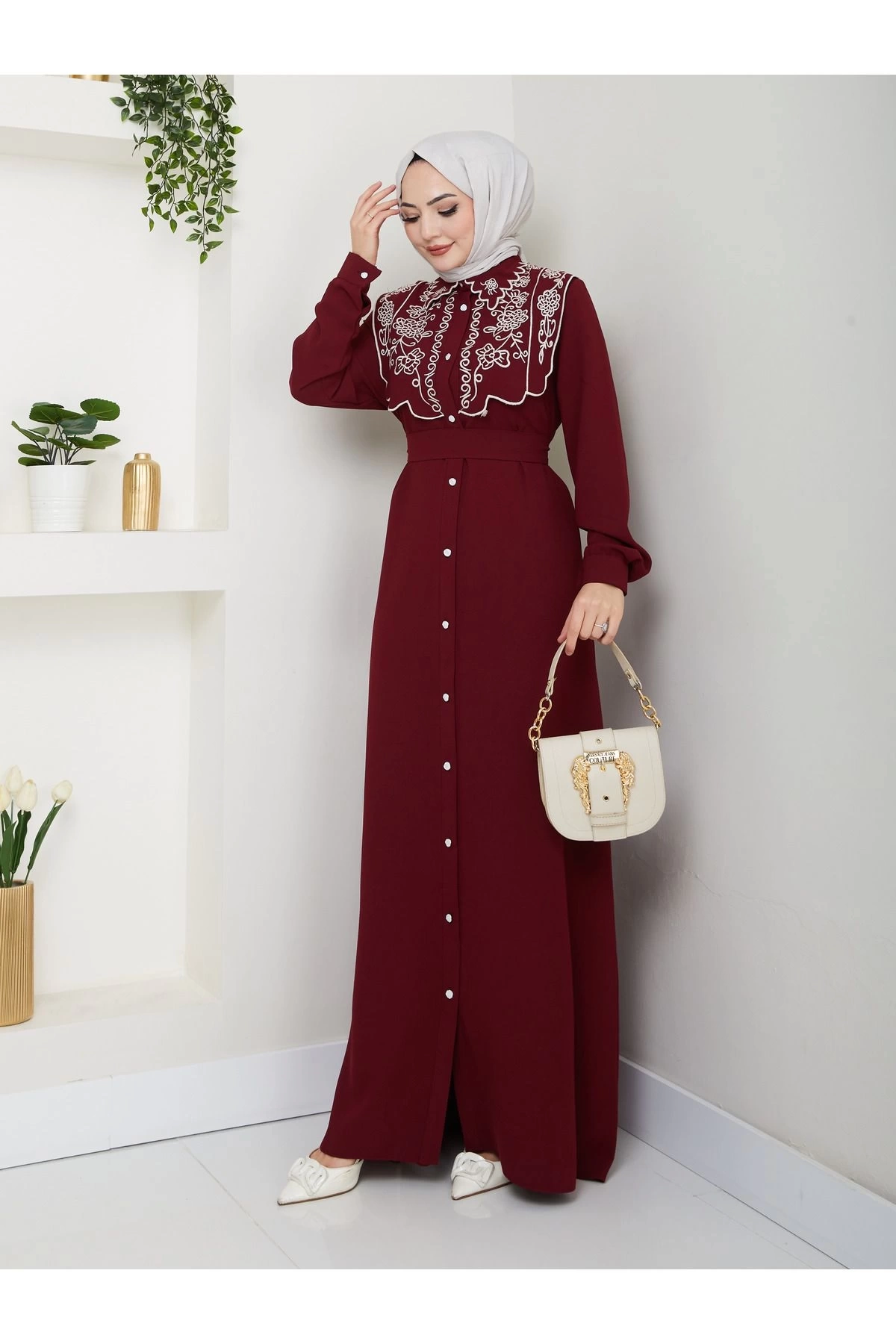 NAKIŞLI ABAYA TESETTÜR GIYIM KADIN FERACE ELBİSE 814 BORDO