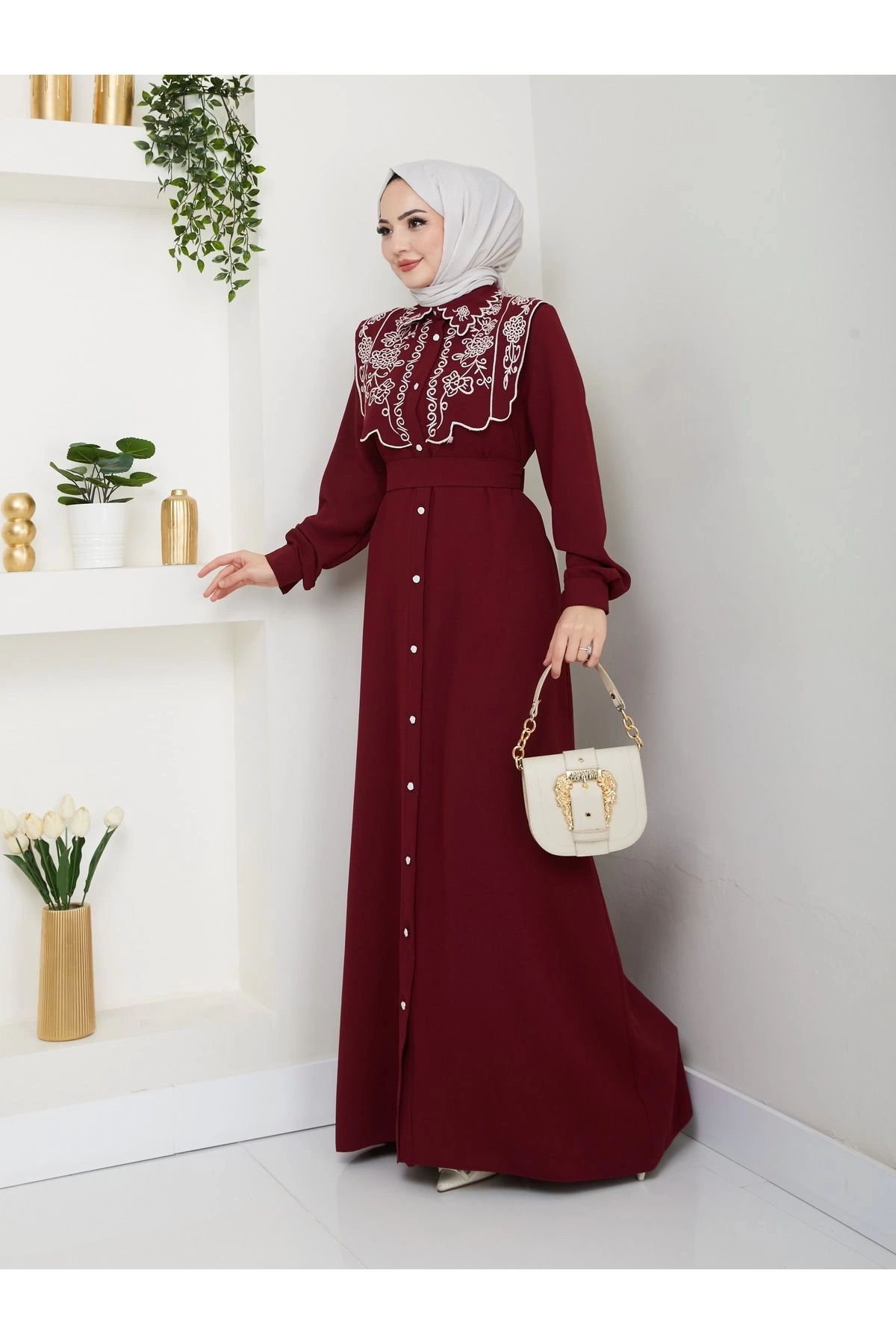 NAKIŞLI ABAYA TESETTÜR GIYIM KADIN FERACE ELBİSE 814 BORDO