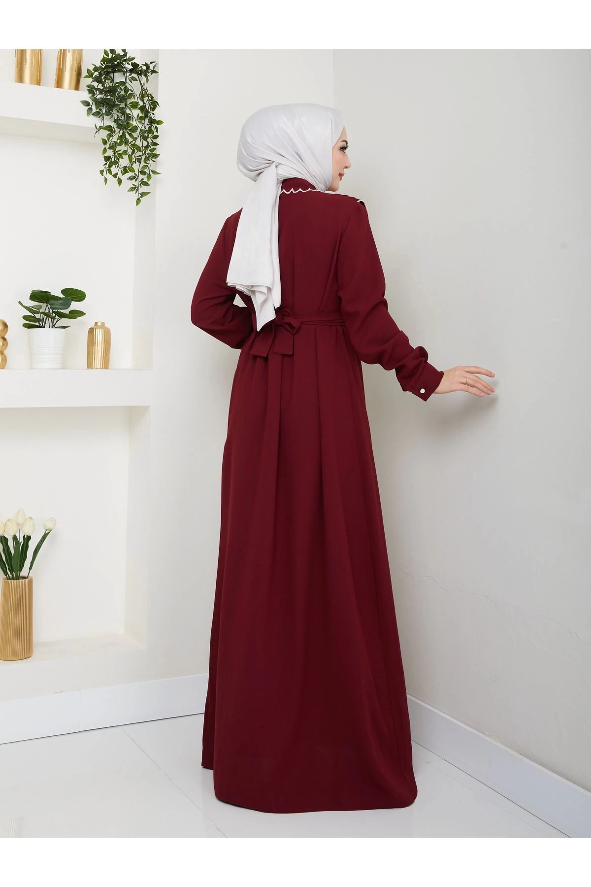 NAKIŞLI ABAYA TESETTÜR GIYIM KADIN FERACE ELBİSE 814 BORDO