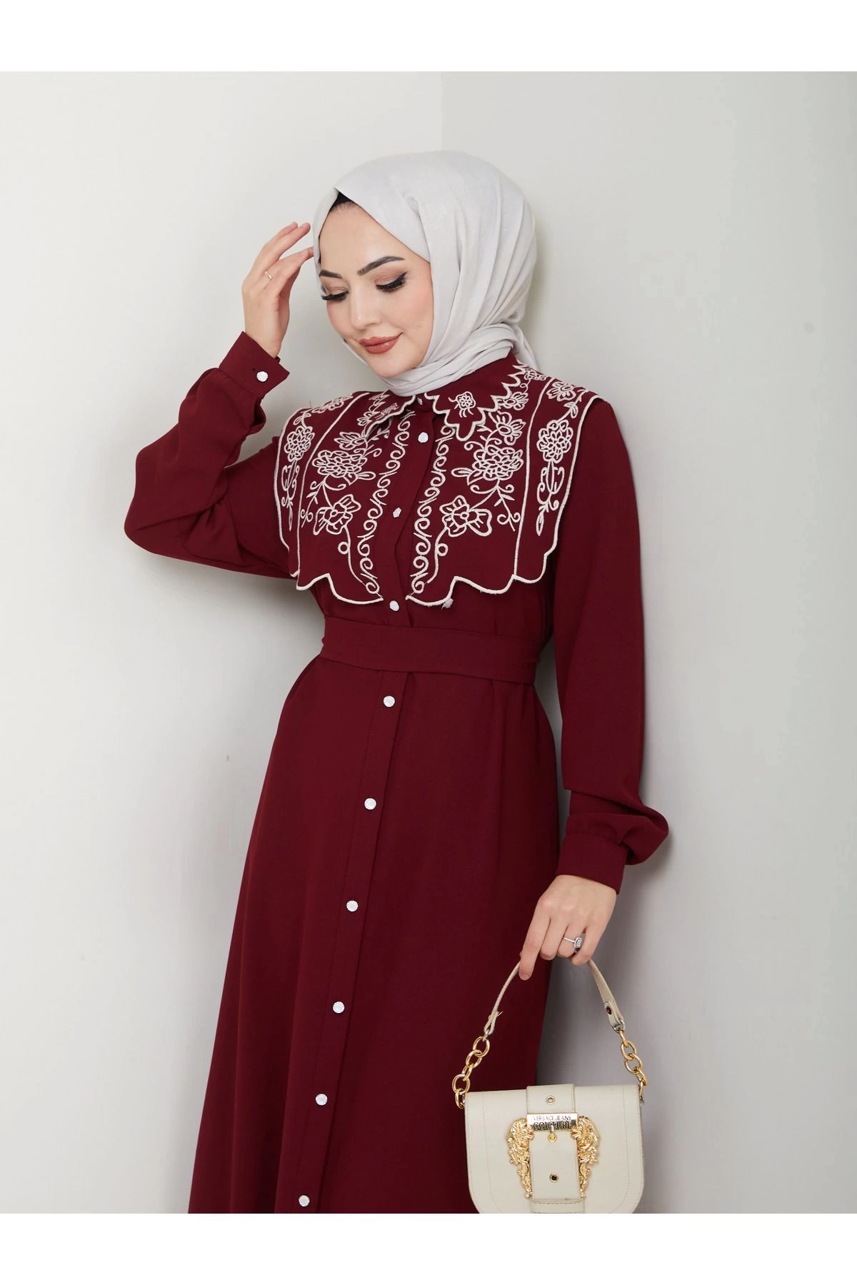 NAKIŞLI ABAYA TESETTÜR GIYIM KADIN FERACE ELBİSE 814 BORDO