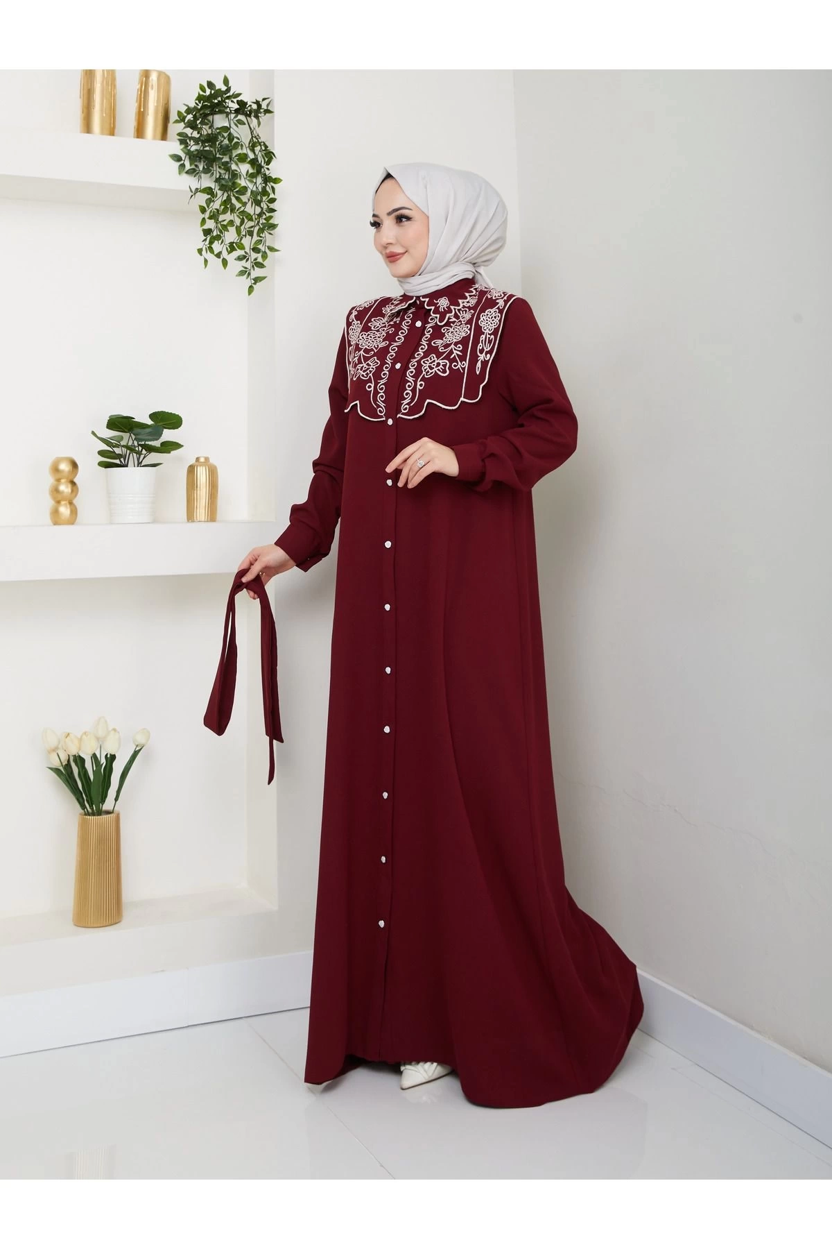 NAKIŞLI ABAYA TESETTÜR GIYIM KADIN FERACE ELBİSE 814 BORDO