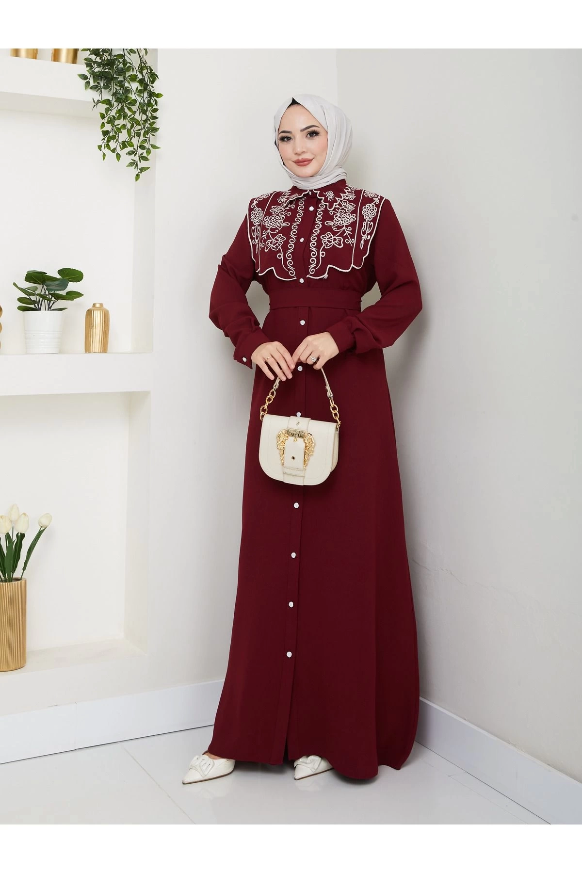 NAKIŞLI ABAYA TESETTÜR GIYIM KADIN FERACE ELBİSE 814 BORDO