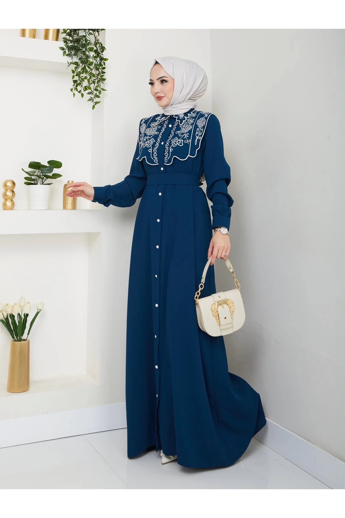 NAKIŞLI ABAYA TESETTÜR GIYIM KADIN FERACE ELBİSE 814 İNDİGO