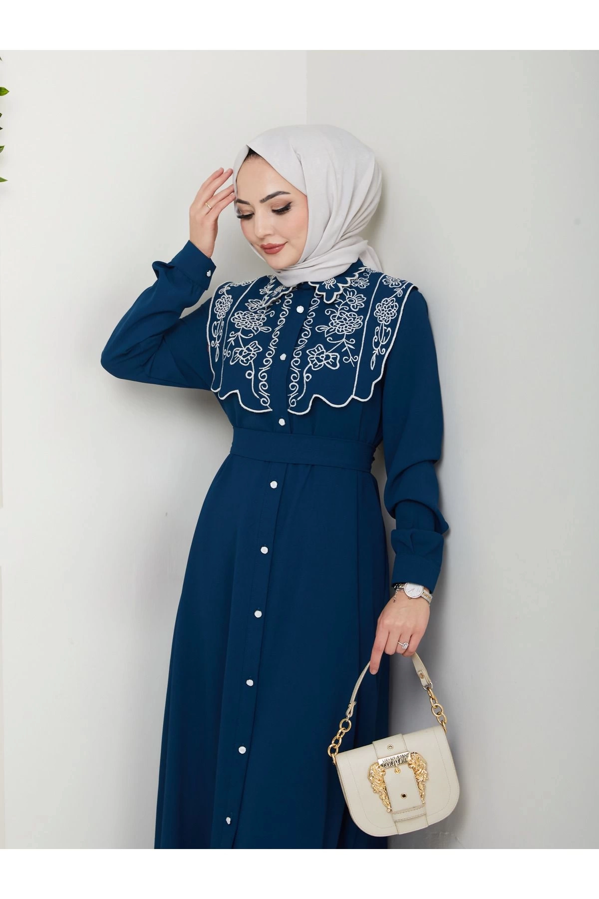 NAKIŞLI ABAYA TESETTÜR GIYIM KADIN FERACE ELBİSE 814 İNDİGO