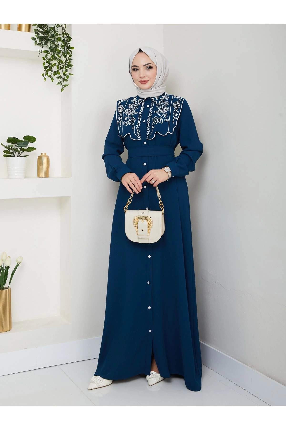NAKIŞLI ABAYA TESETTÜR GIYIM KADIN FERACE ELBİSE 814 İNDİGO