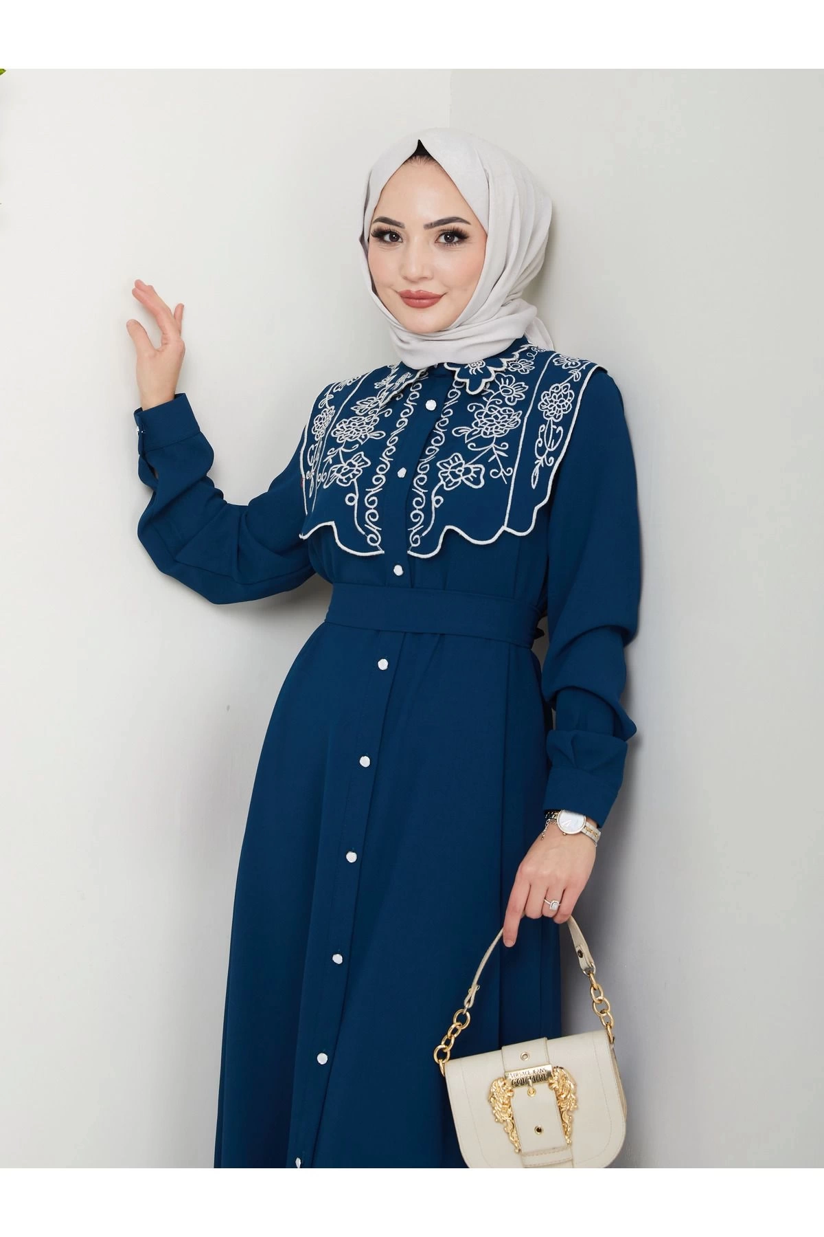 NAKIŞLI ABAYA TESETTÜR GIYIM KADIN FERACE ELBİSE 814 İNDİGO