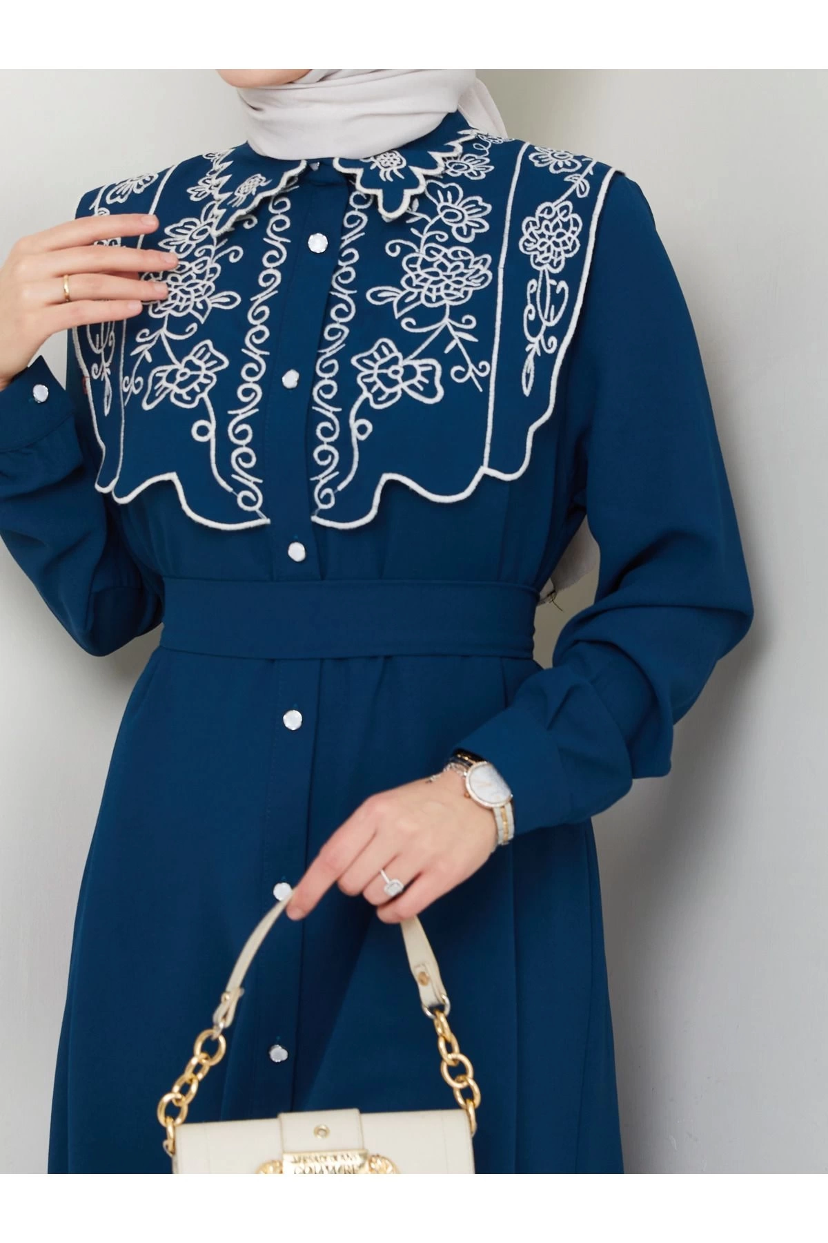 NAKIŞLI ABAYA TESETTÜR GIYIM KADIN FERACE ELBİSE 814 İNDİGO