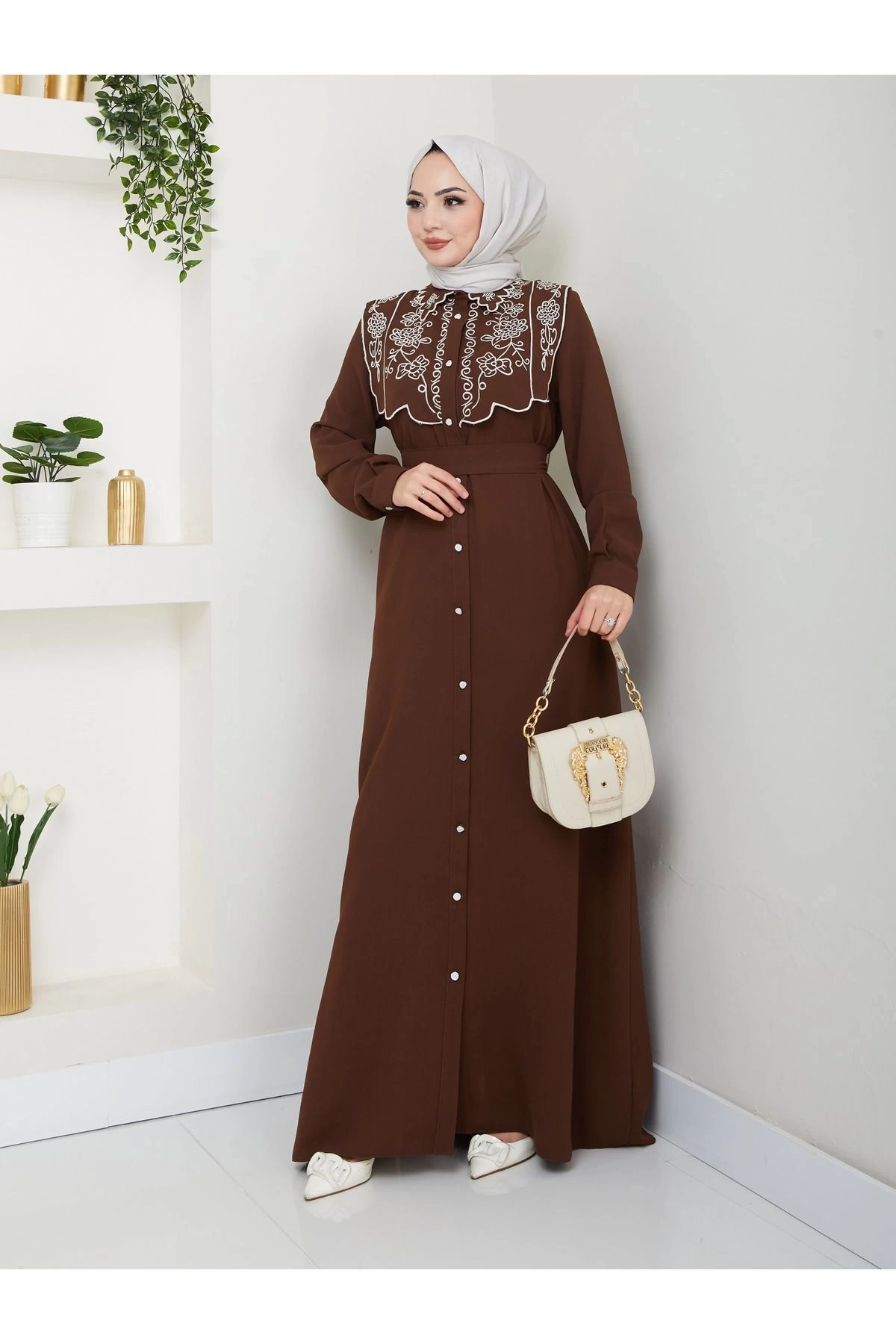 NAKIŞLI ABAYA TESETTÜR GIYIM KADIN FERACE ELBİSE 814 KAHVE