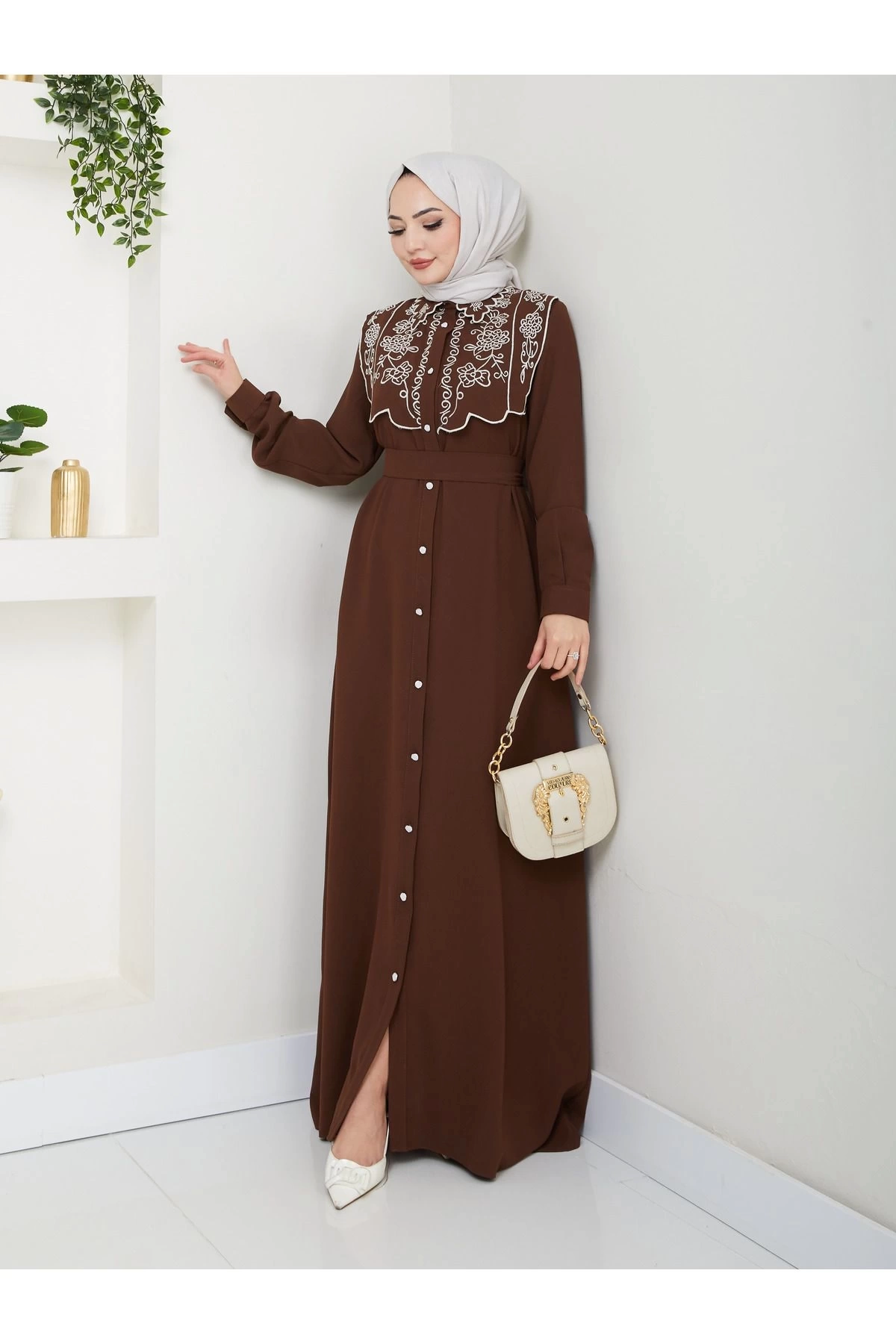NAKIŞLI ABAYA TESETTÜR GIYIM KADIN FERACE ELBİSE 814 KAHVE