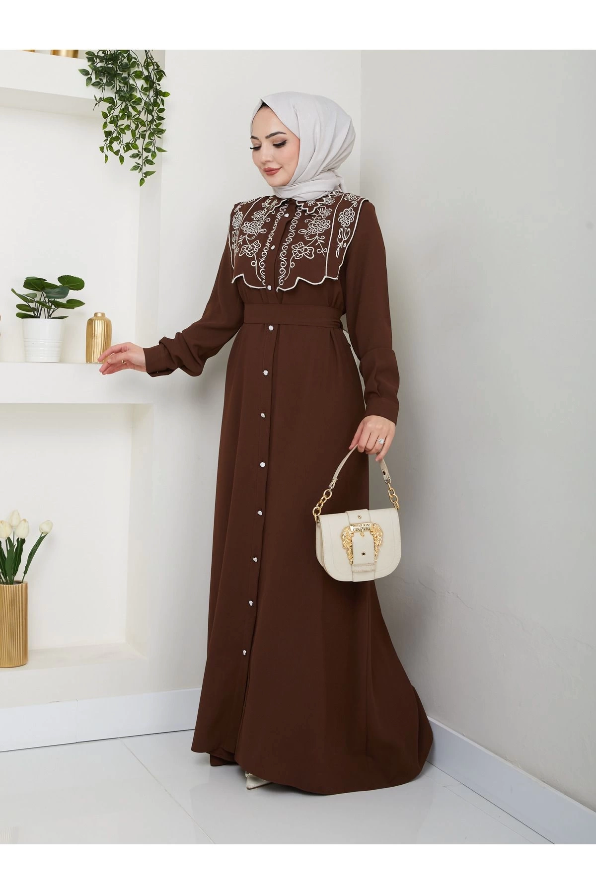 NAKIŞLI ABAYA TESETTÜR GIYIM KADIN FERACE ELBİSE 814 KAHVE