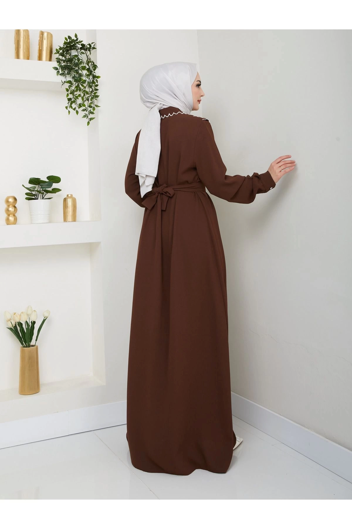 NAKIŞLI ABAYA TESETTÜR GIYIM KADIN FERACE ELBİSE 814 KAHVE