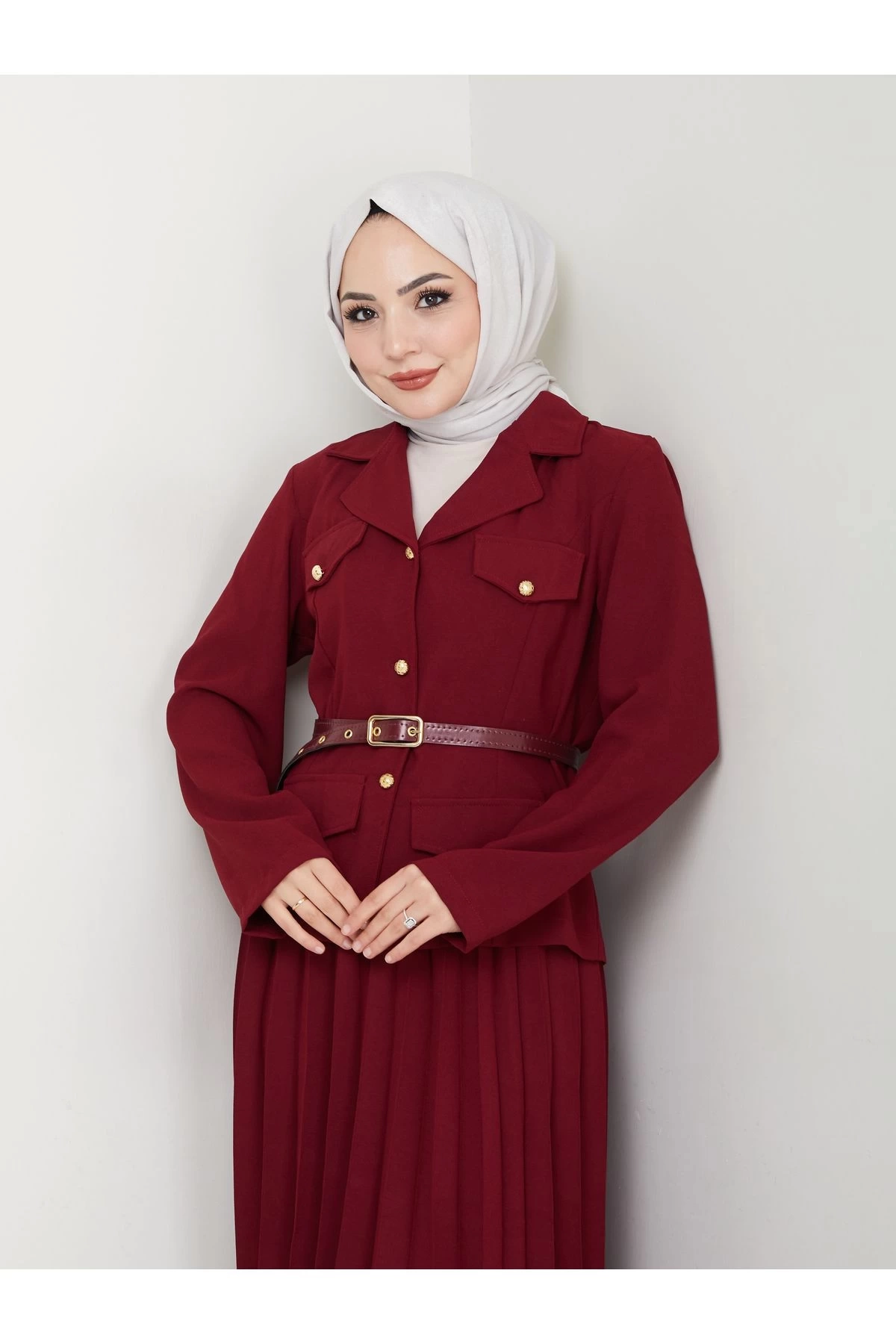 PİLELİ ETEKLI CEKETLI GOLD DÜĞMELİ KEMERLİ BLAZER TESETTÜR TAKIM BORDO 806