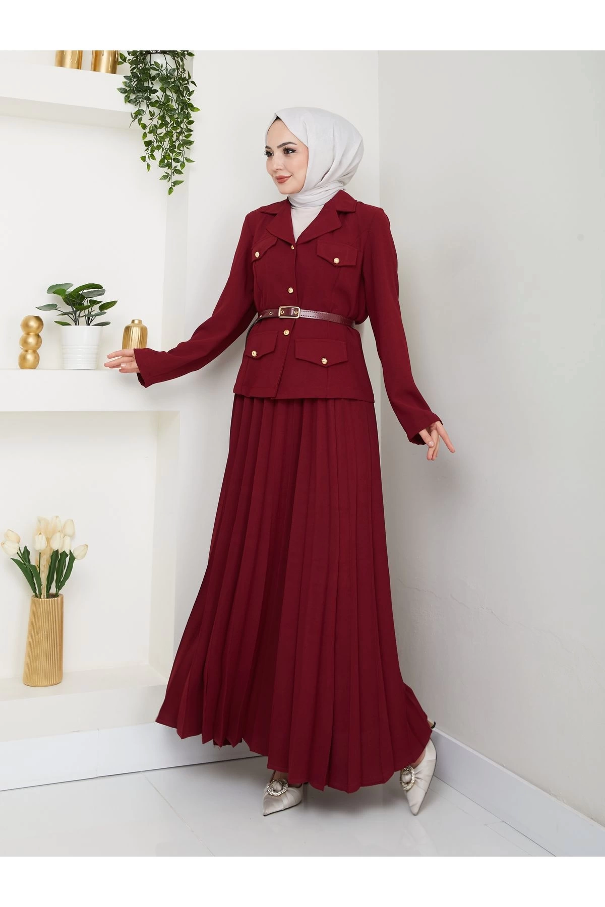 PİLELİ ETEKLI CEKETLI GOLD DÜĞMELİ KEMERLİ BLAZER TESETTÜR TAKIM BORDO 806