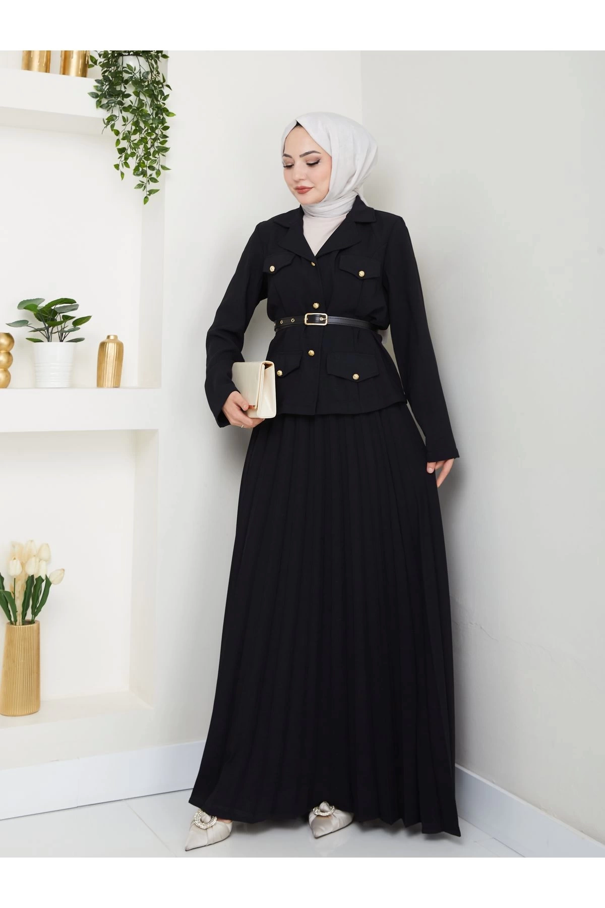 PİLELİ ETEKLI CEKETLI GOLD DÜĞMELİ KEMERLİ BLAZER TESETTÜR TAKIM SİYAH 806