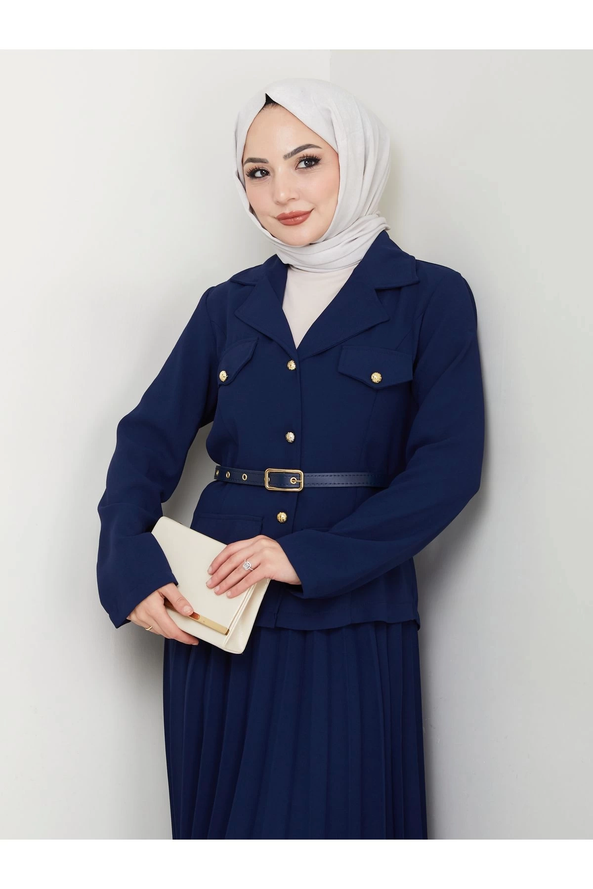 PİLELİ ETEKLI CEKETLI GOLD DÜĞMELİ KEMERLİ BLAZER TESETTÜR TAKIM LACİVERT 806