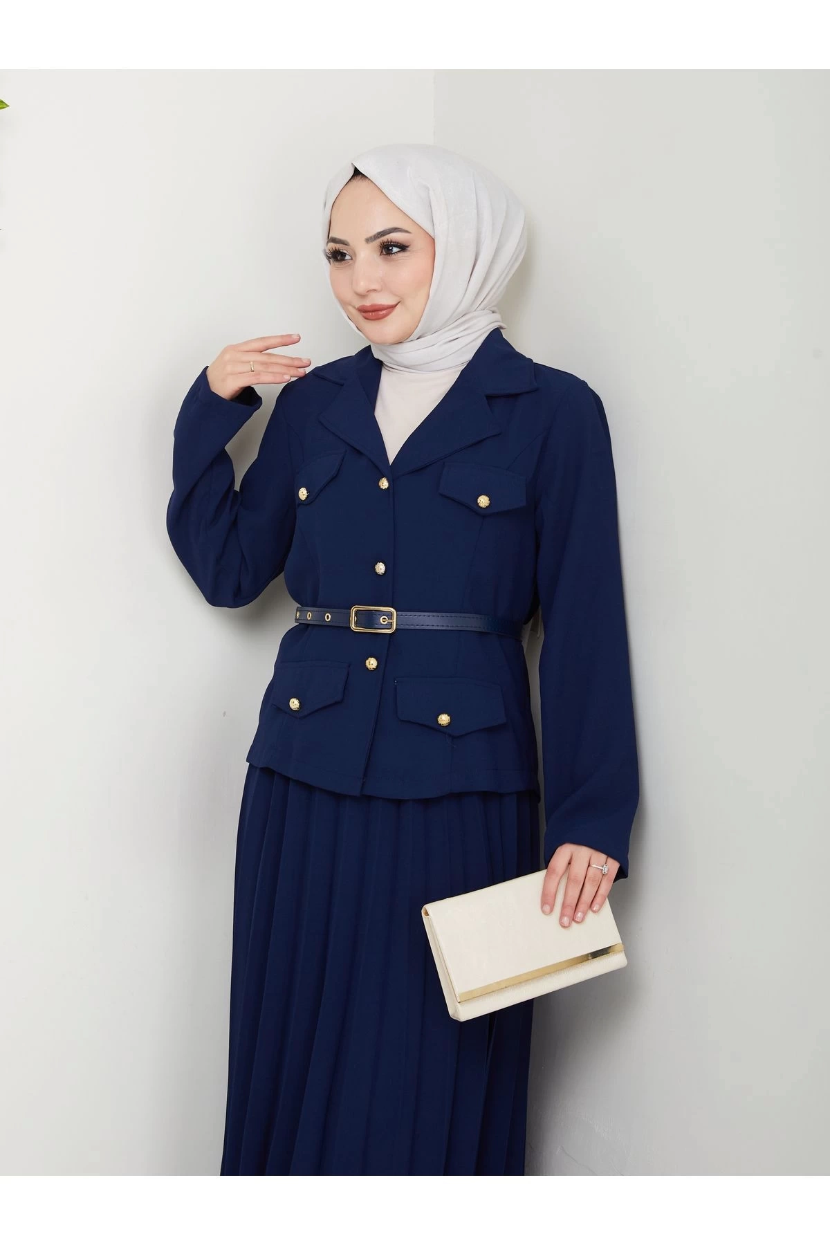 PİLELİ ETEKLI CEKETLI GOLD DÜĞMELİ KEMERLİ BLAZER TESETTÜR TAKIM LACİVERT 806