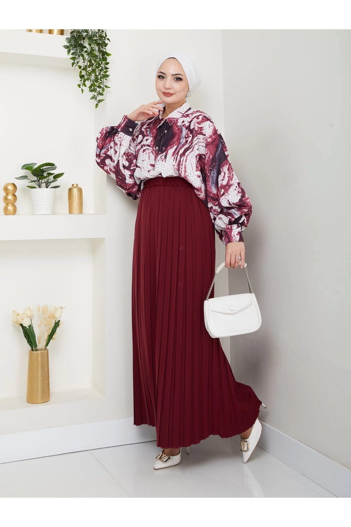 DESENLİ GÖMLEK ETEĞİ PLİSELİ TESETTÜR ETEK TAKIM 7452 BORDO