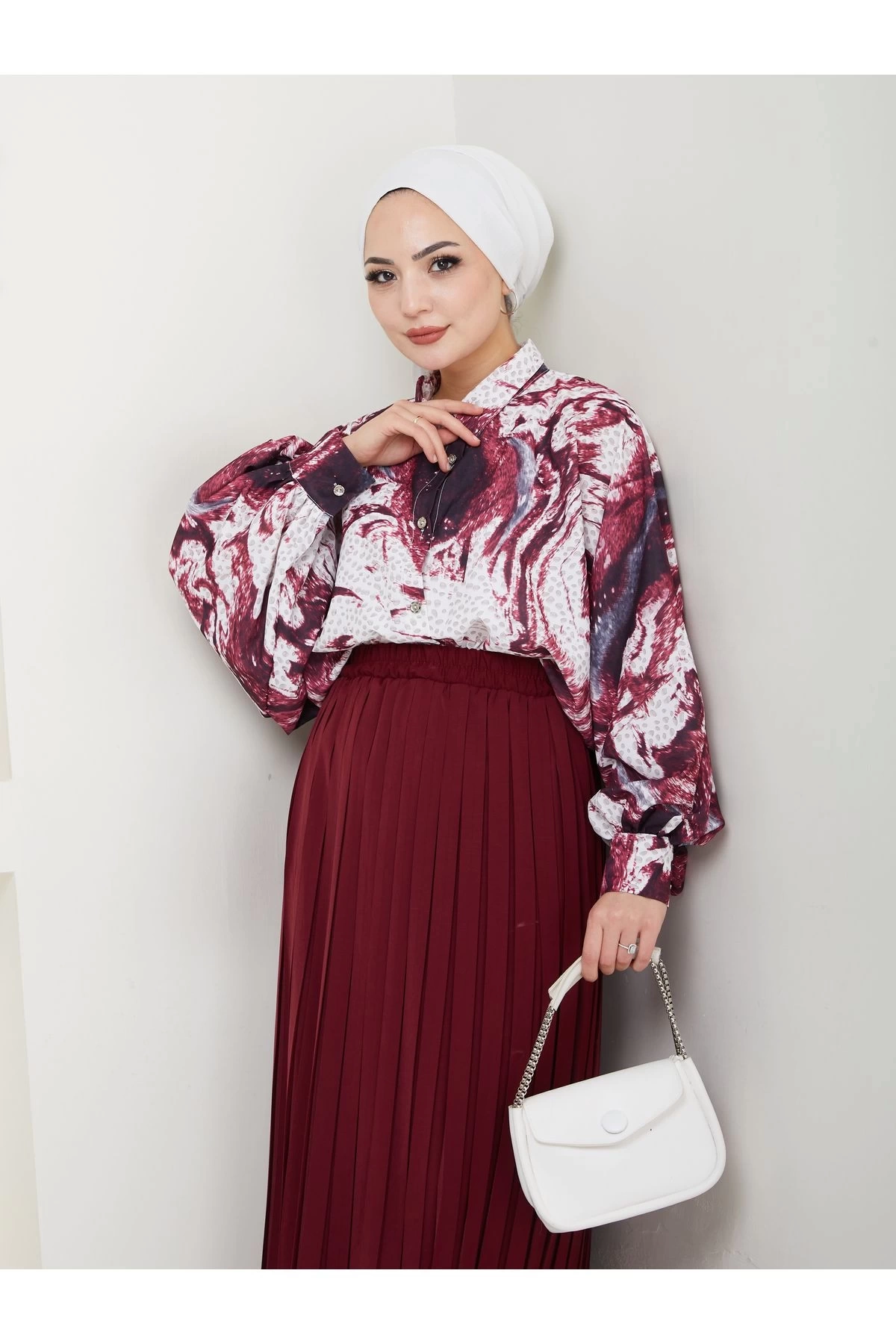 DESENLİ GÖMLEK ETEĞİ PLİSELİ TESETTÜR ETEK TAKIM 7452 BORDO