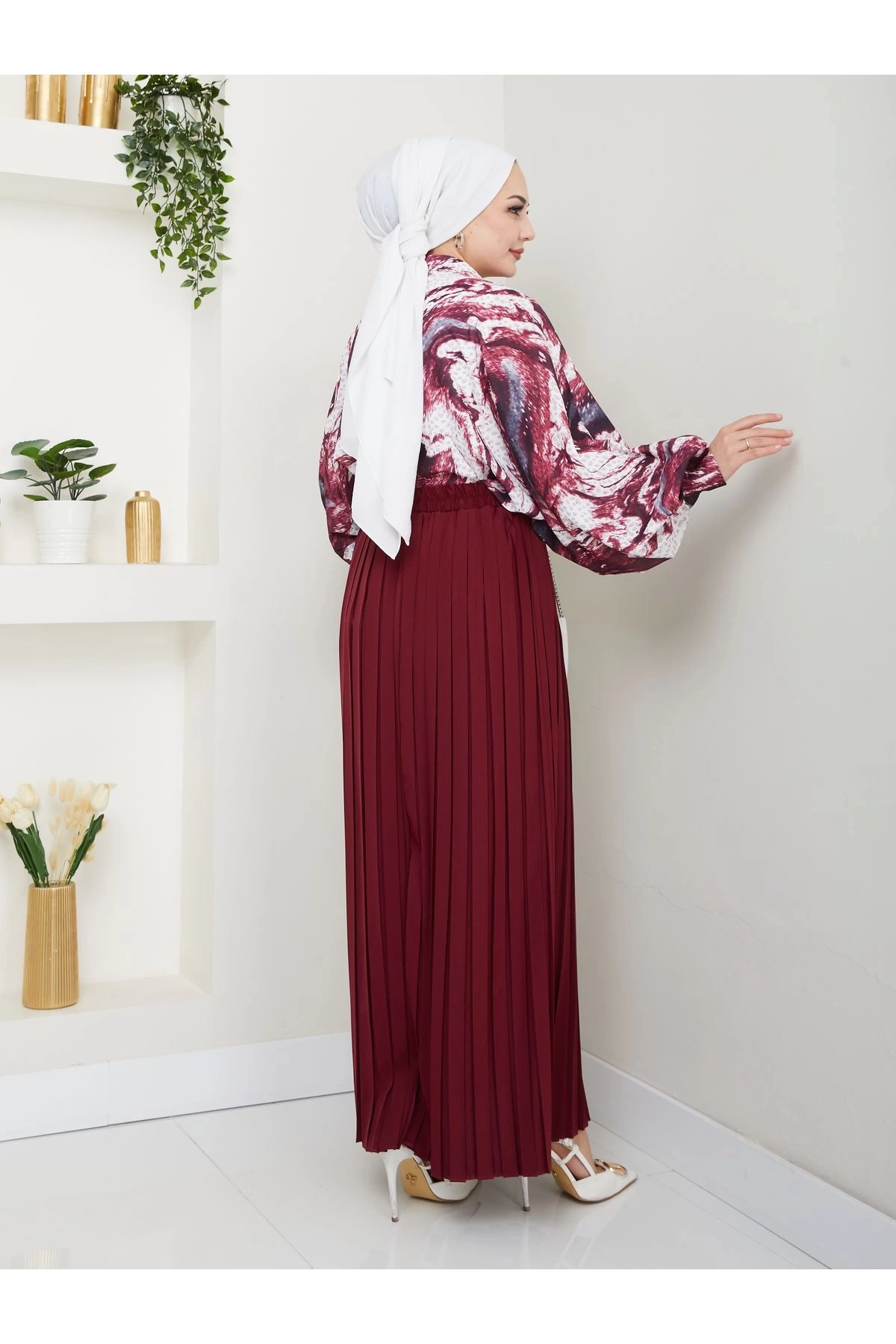 DESENLİ GÖMLEK ETEĞİ PLİSELİ TESETTÜR ETEK TAKIM 7452 BORDO