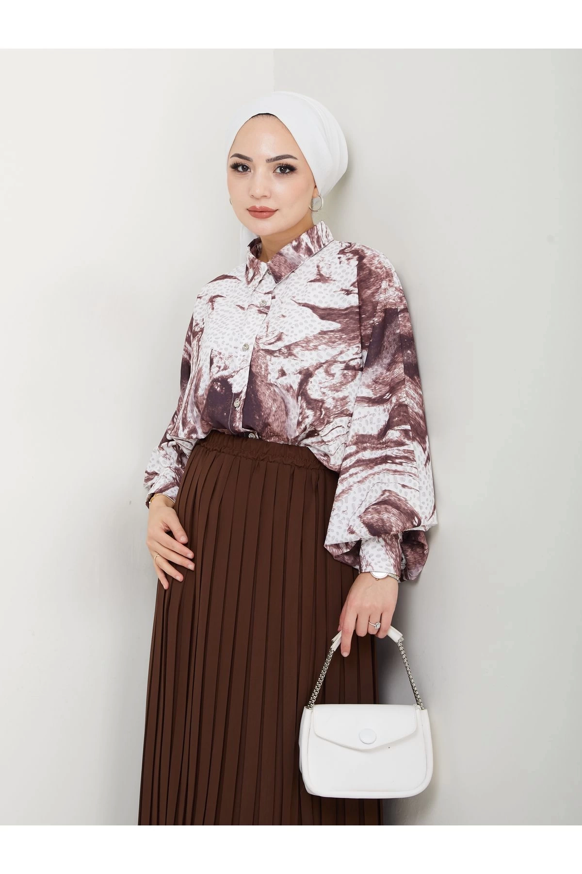 DESENLİ GÖMLEK ETEĞİ PLİSELİ TESETTÜR ETEK TAKIM 7452 KAHVE