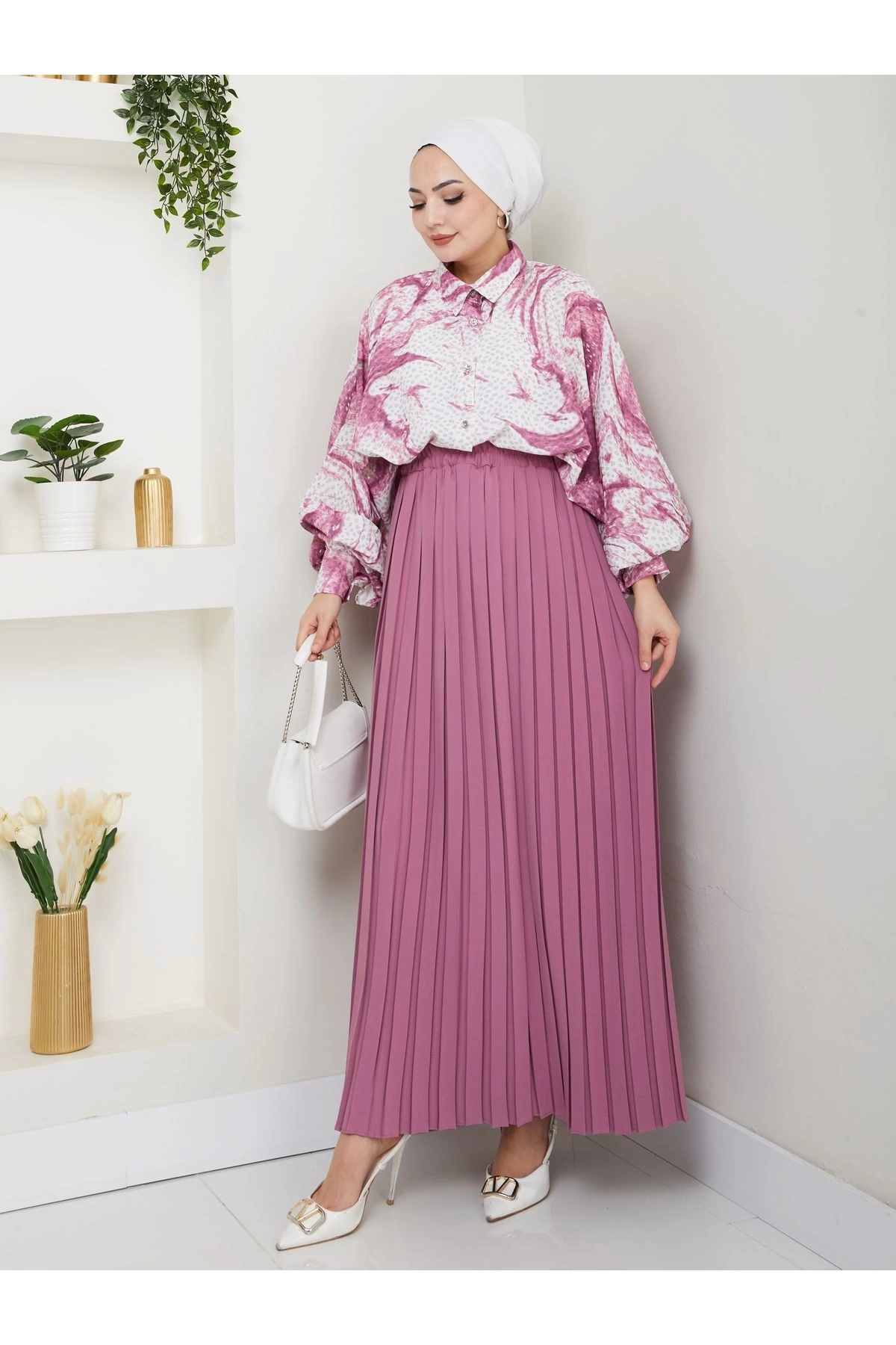 DESENLİ GÖMLEK ETEĞİ PLİSELİ TESETTÜR ETEK TAKIM 7452 PEMBE