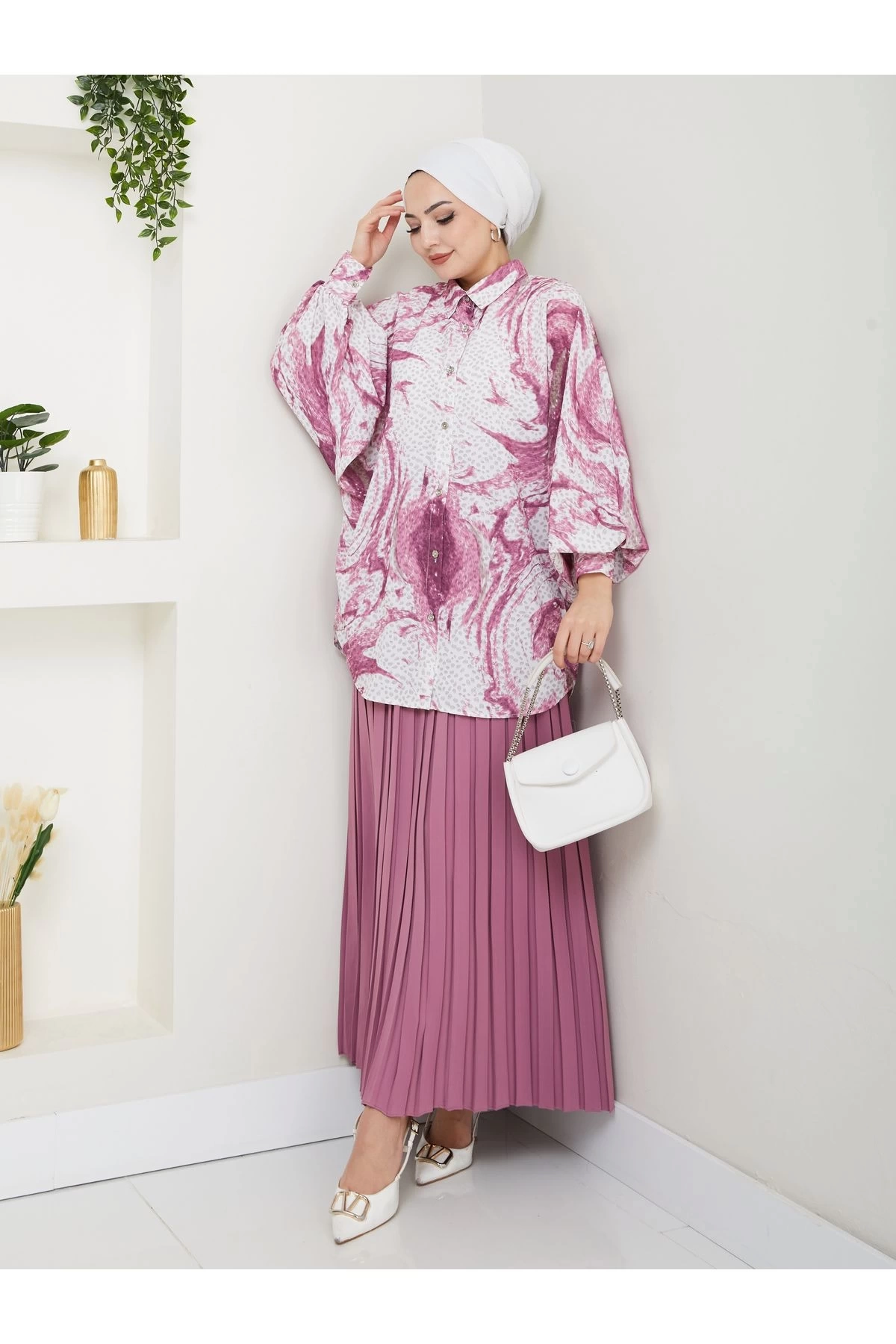 DESENLİ GÖMLEK ETEĞİ PLİSELİ TESETTÜR ETEK TAKIM 7452 PEMBE