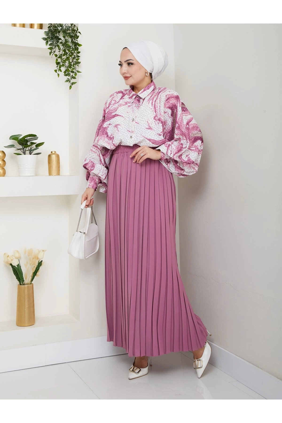 DESENLİ GÖMLEK ETEĞİ PLİSELİ TESETTÜR ETEK TAKIM 7452 PEMBE