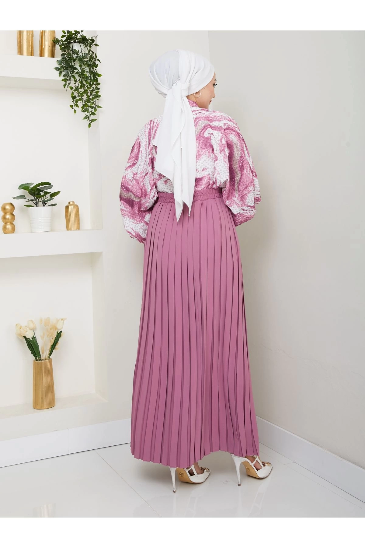 DESENLİ GÖMLEK ETEĞİ PLİSELİ TESETTÜR ETEK TAKIM 7452 PEMBE