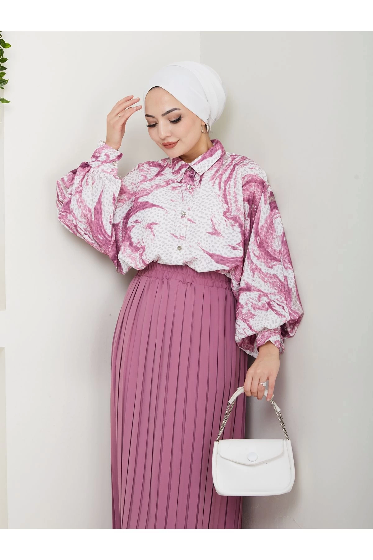 DESENLİ GÖMLEK ETEĞİ PLİSELİ TESETTÜR ETEK TAKIM 7452 PEMBE