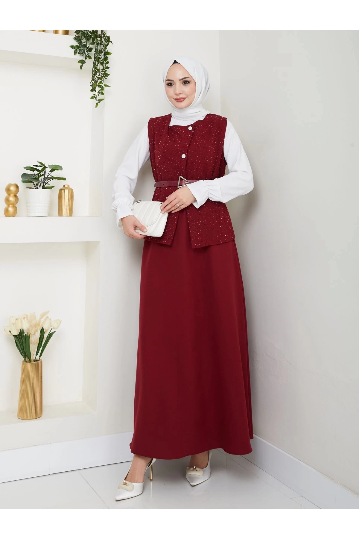 SİMLİ TAŞLI ÇAPRAZ YELEK DERİ KEMERLİ ETEK TAKIM 2533