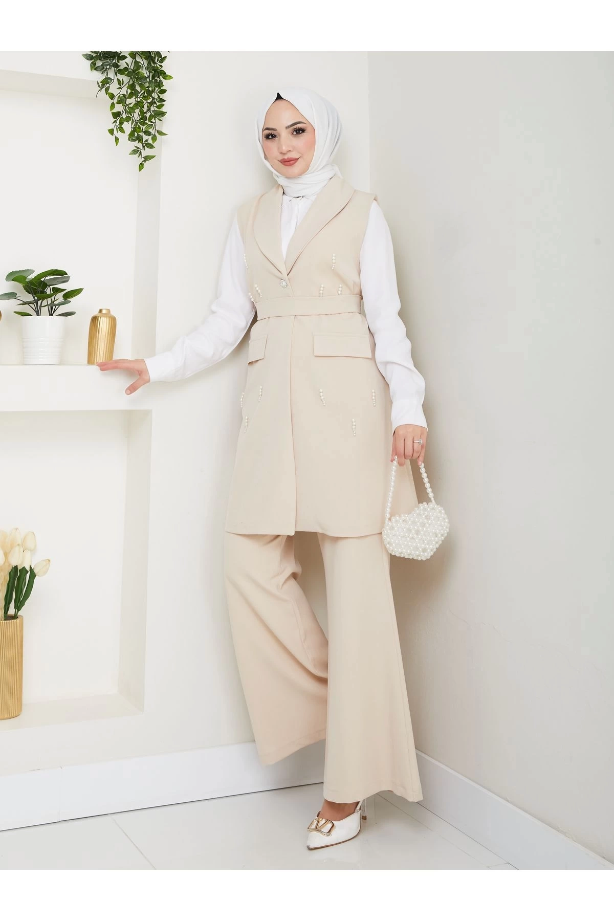 İNCİ TAŞLİ YELEK PANTOLON İKİLİ TAKIM 25088
