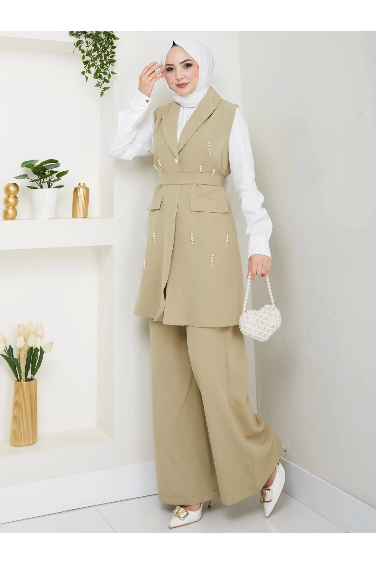 İNCİ TAŞLİ YELEK PANTOLON İKİLİ TAKIM 25088
