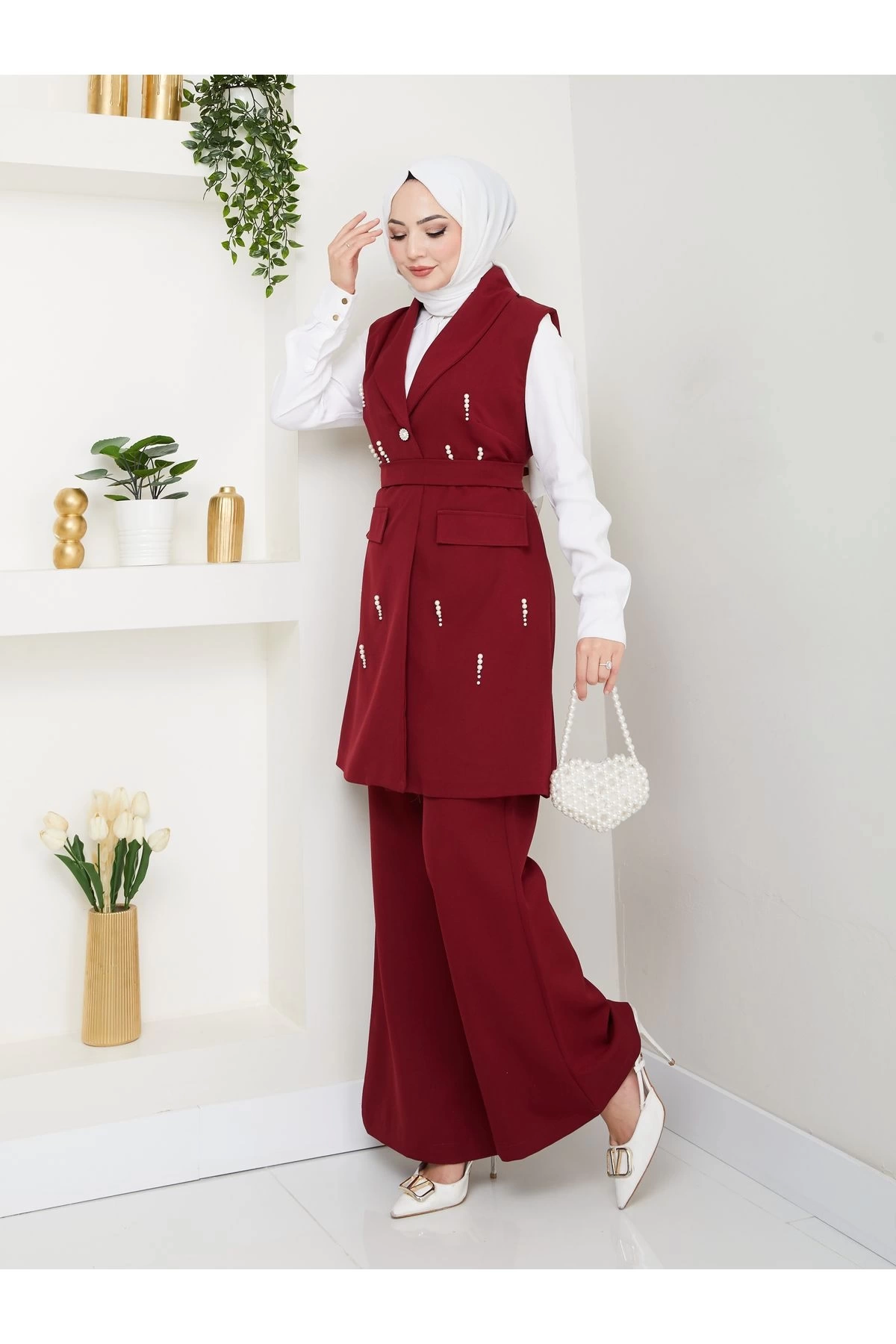 İNCİ TAŞLİ YELEK PANTOLON İKİLİ TAKIM 25088