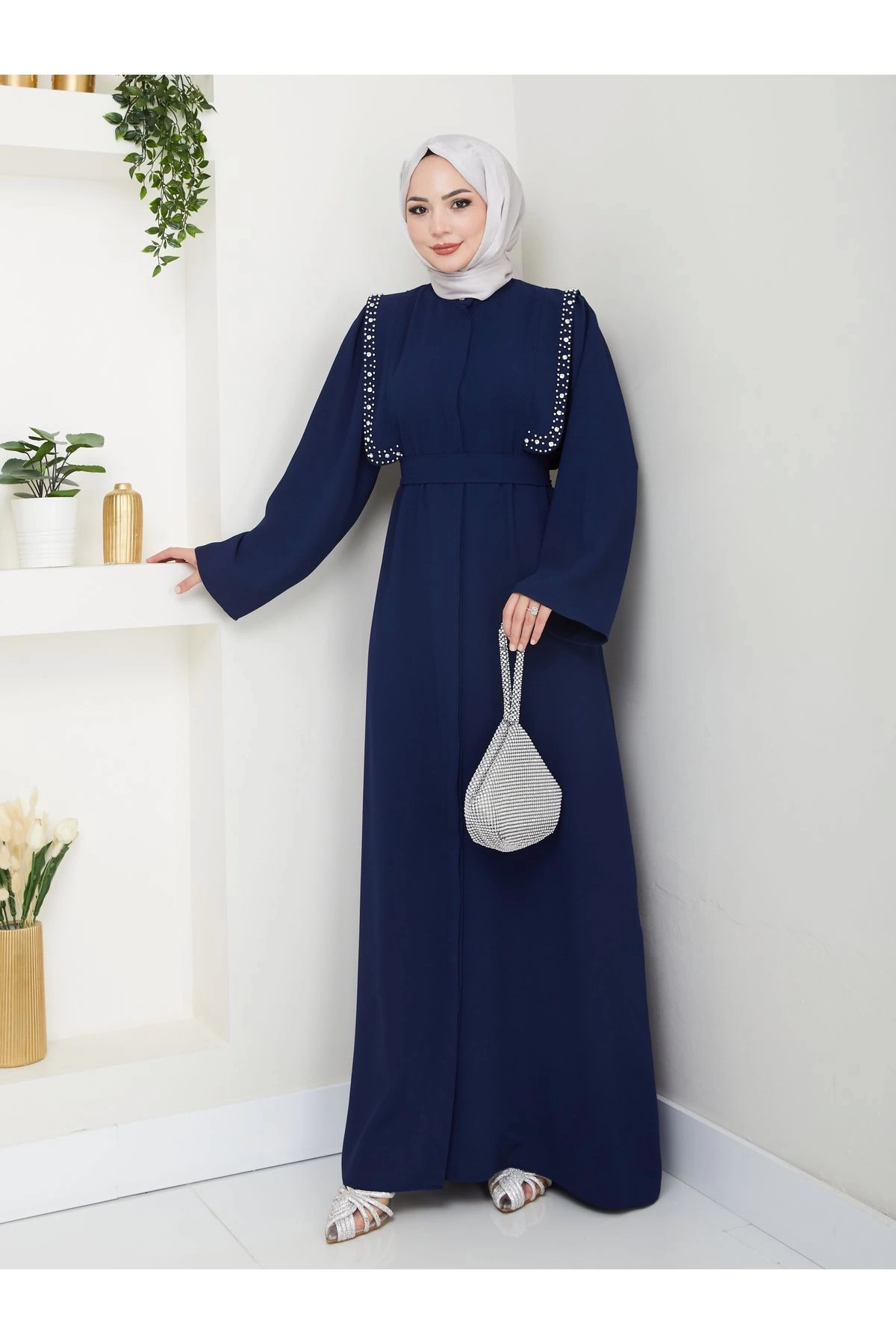 Taşli Abaya Tesettür Giyim Kadin Ferace Elbise Siyah