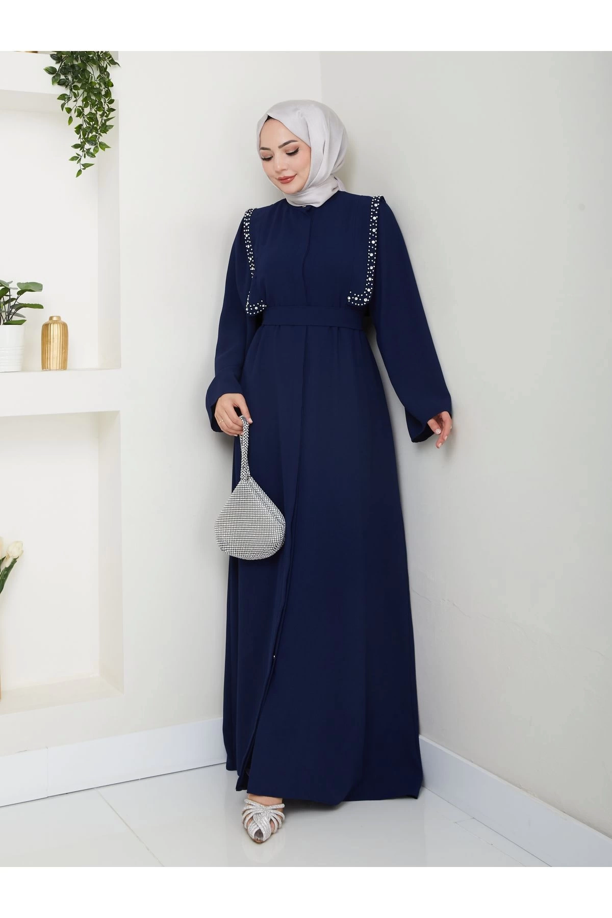 Taşli Abaya Tesettür Giyim Kadin Ferace Elbise Siyah