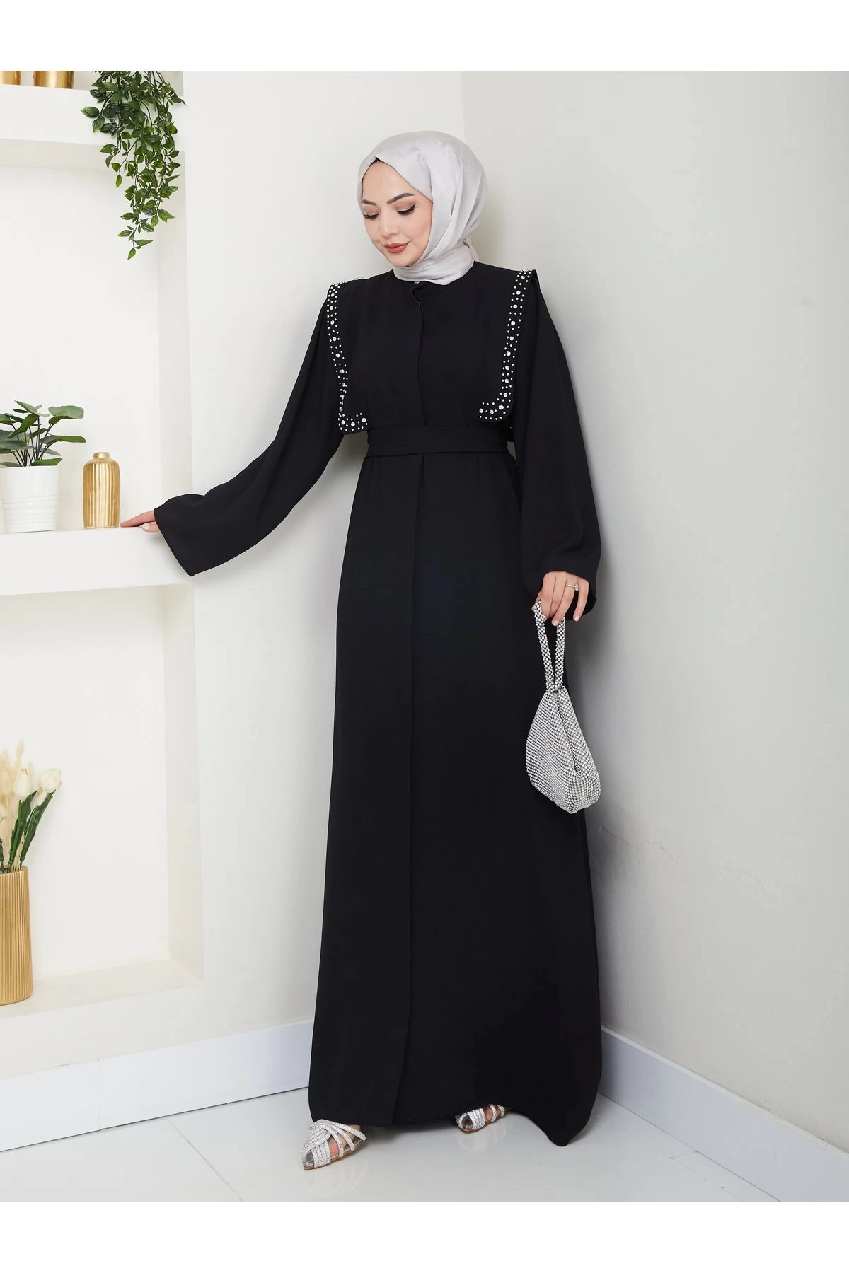 Taşli Abaya Tesettür Giyim Kadin Ferace Elbise Siyah