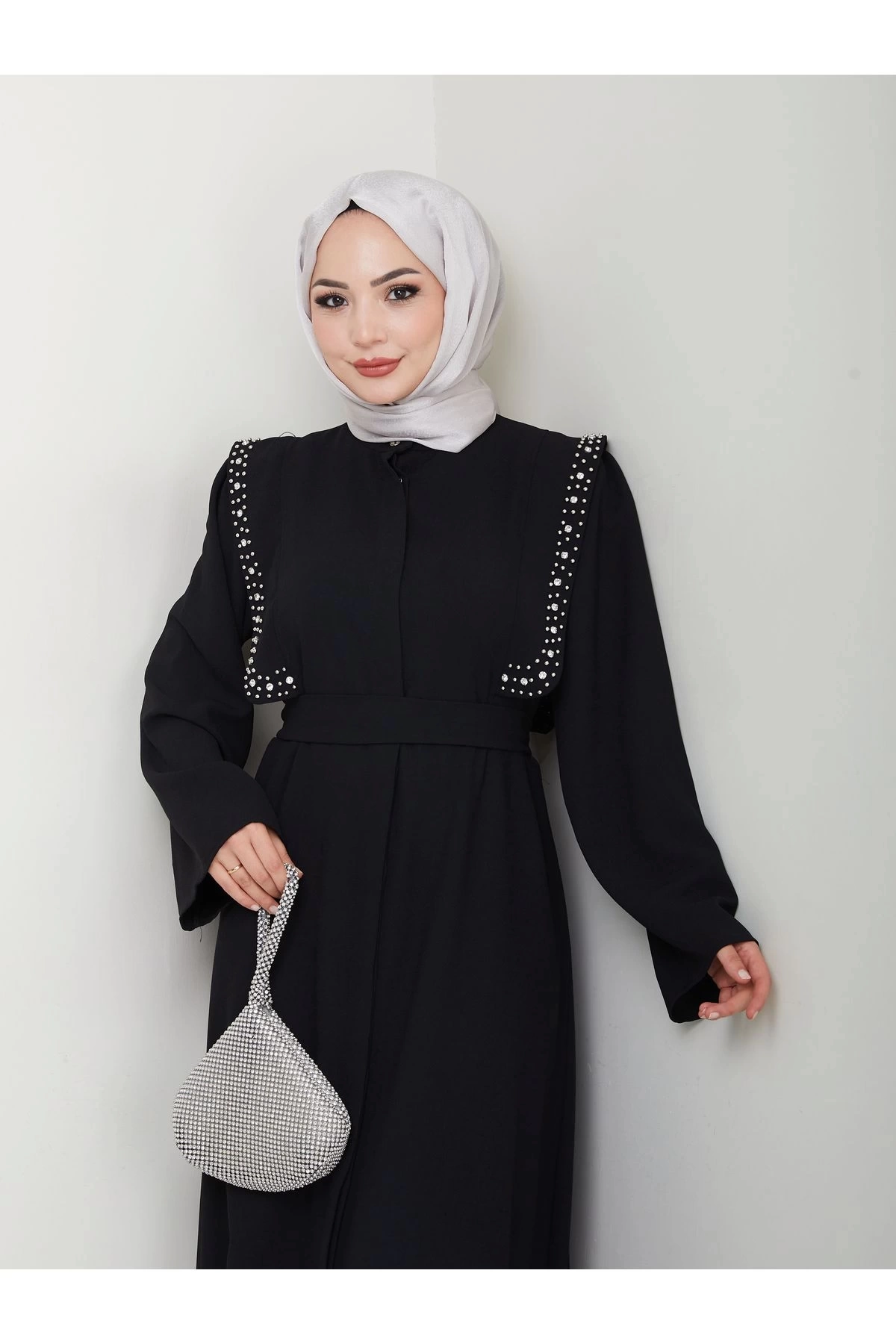 Taşli Abaya Tesettür Giyim Kadin Ferace Elbise Siyah