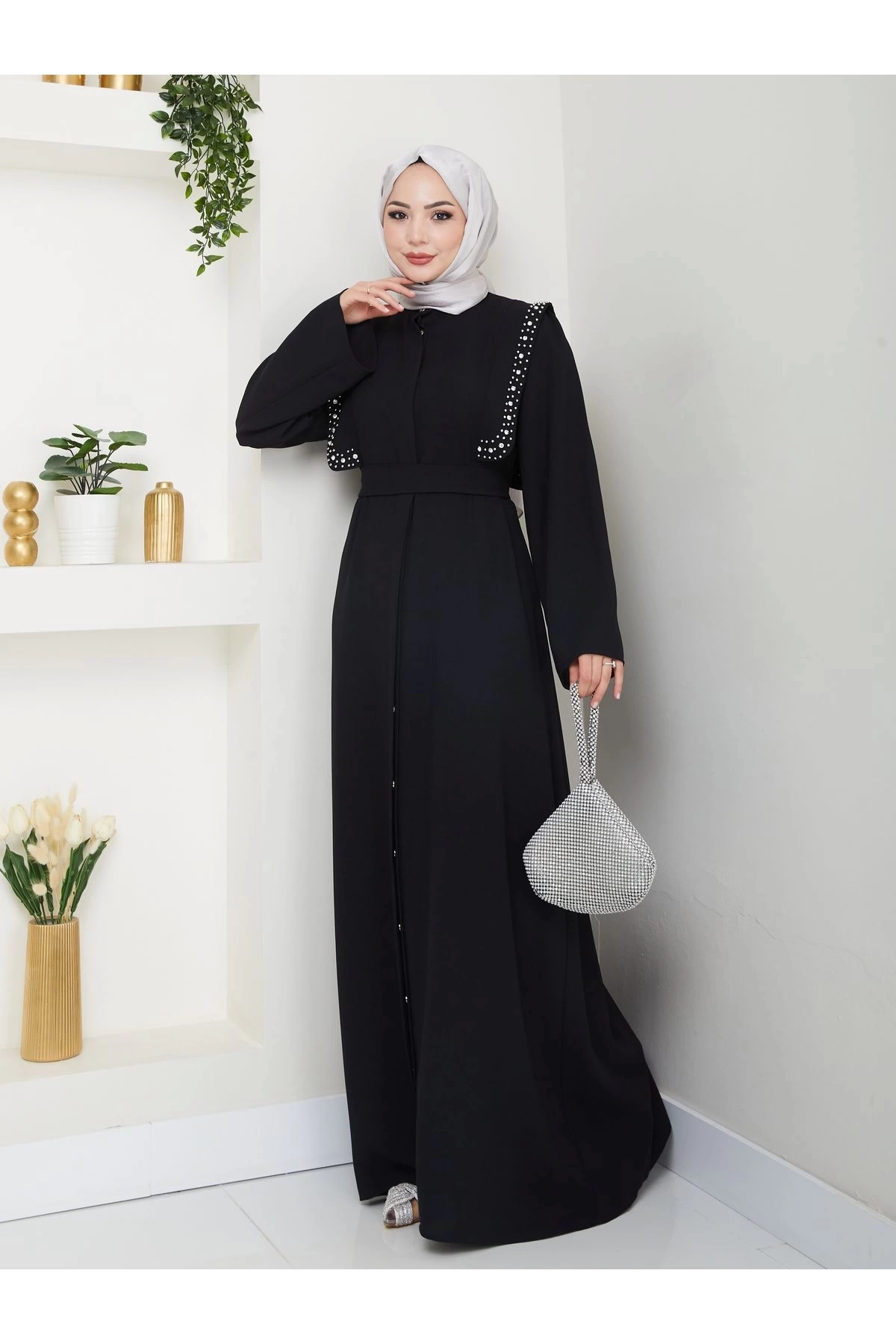 Taşli Abaya Tesettür Giyim Kadin Ferace Elbise Siyah