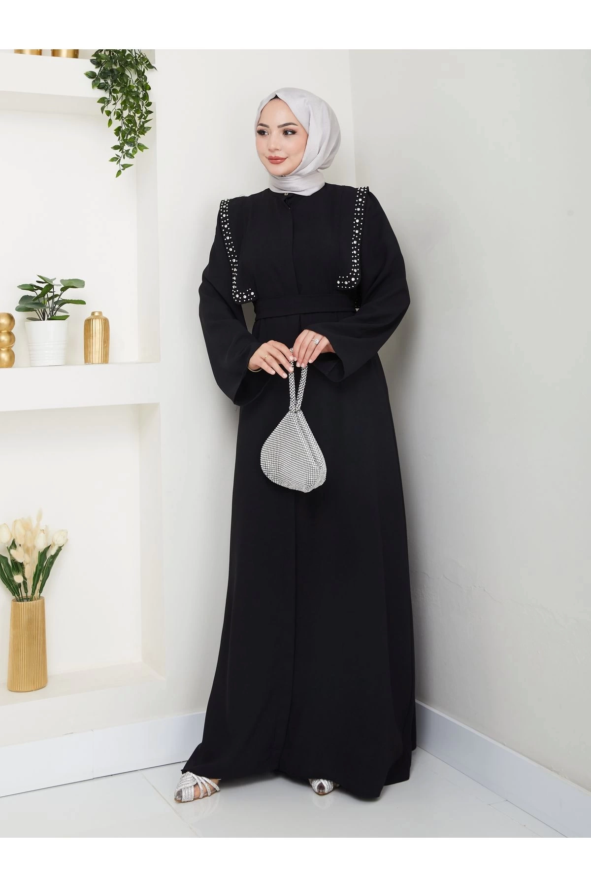 Taşli Abaya Tesettür Giyim Kadin Ferace Elbise Siyah